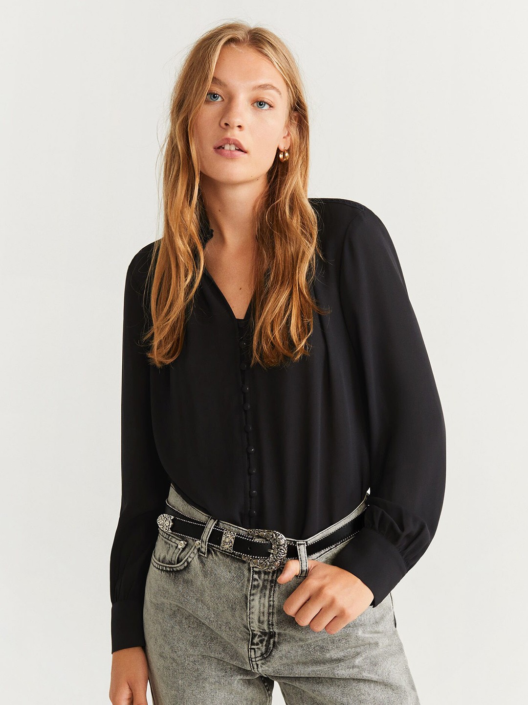 

MANGO Women Black Solid Semi-Sheer Shirt Style Top