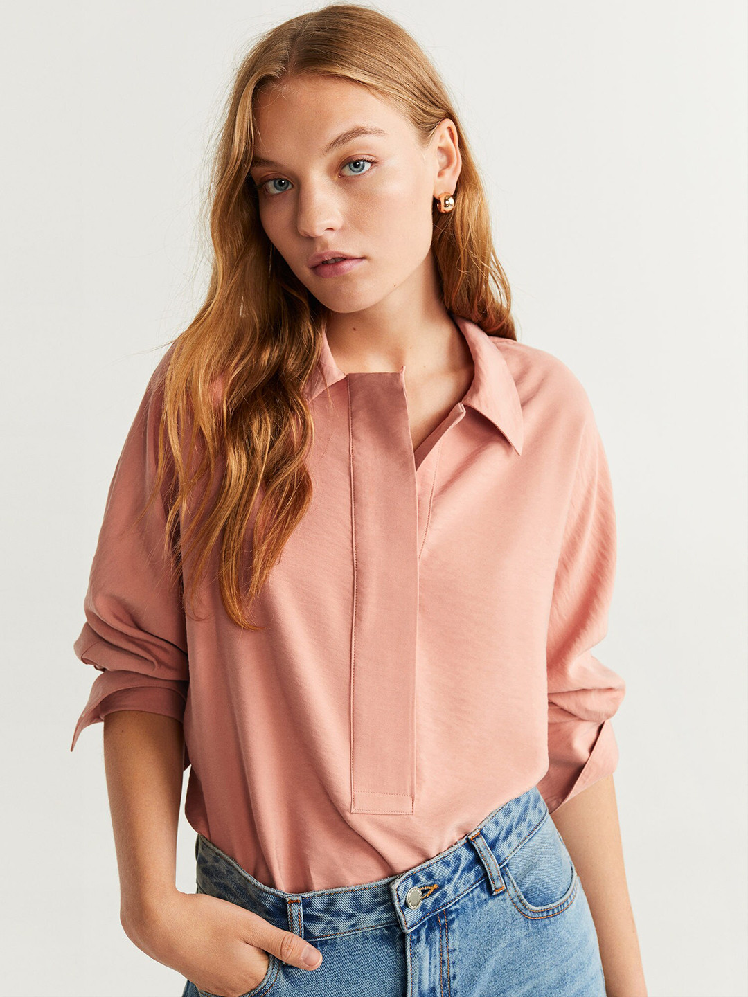 

MANGO Women Peach-Coloured Solid Shirt Style Top