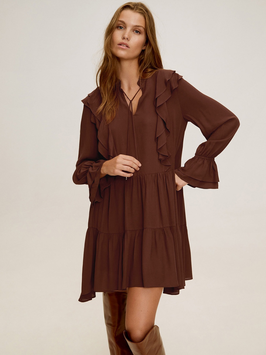

MANGO Women Brown Solid Sustainable A-Line Dress With Tie-Ups & Ruffles