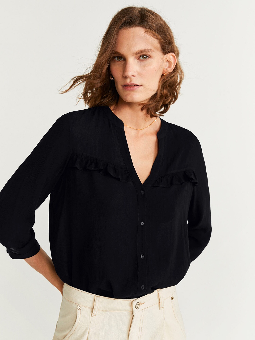 

MANGO Women Black Regular Fit Solid Casual Shirt