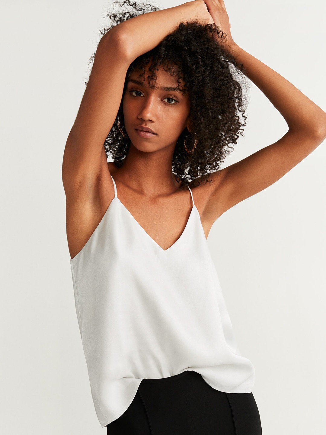 

MANGO Women Off-White Solid Satin Finish A-Line Top