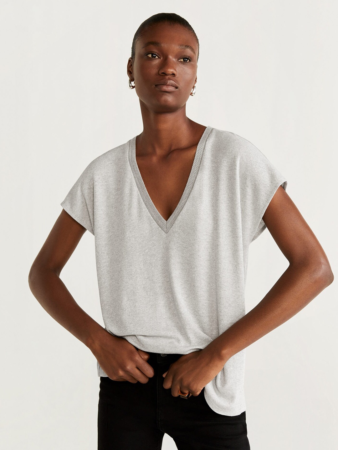 

MANGO Women Silver Shimmery Solid Boxy Top
