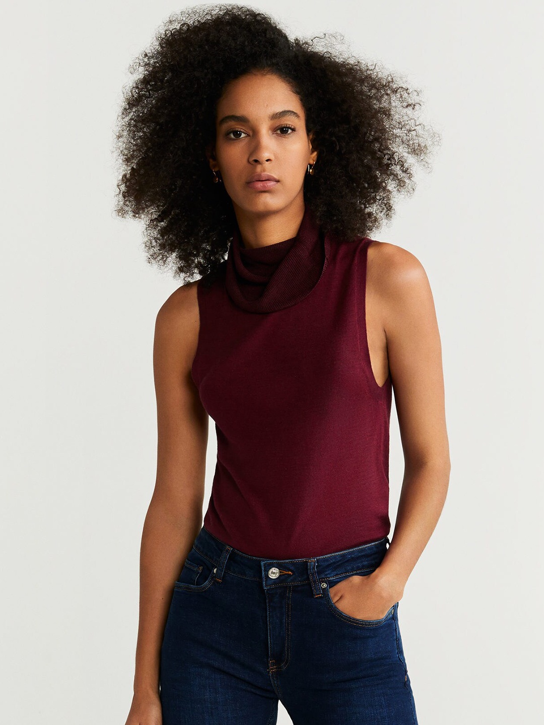 

MANGO Women Maroon Solid Fitted Top