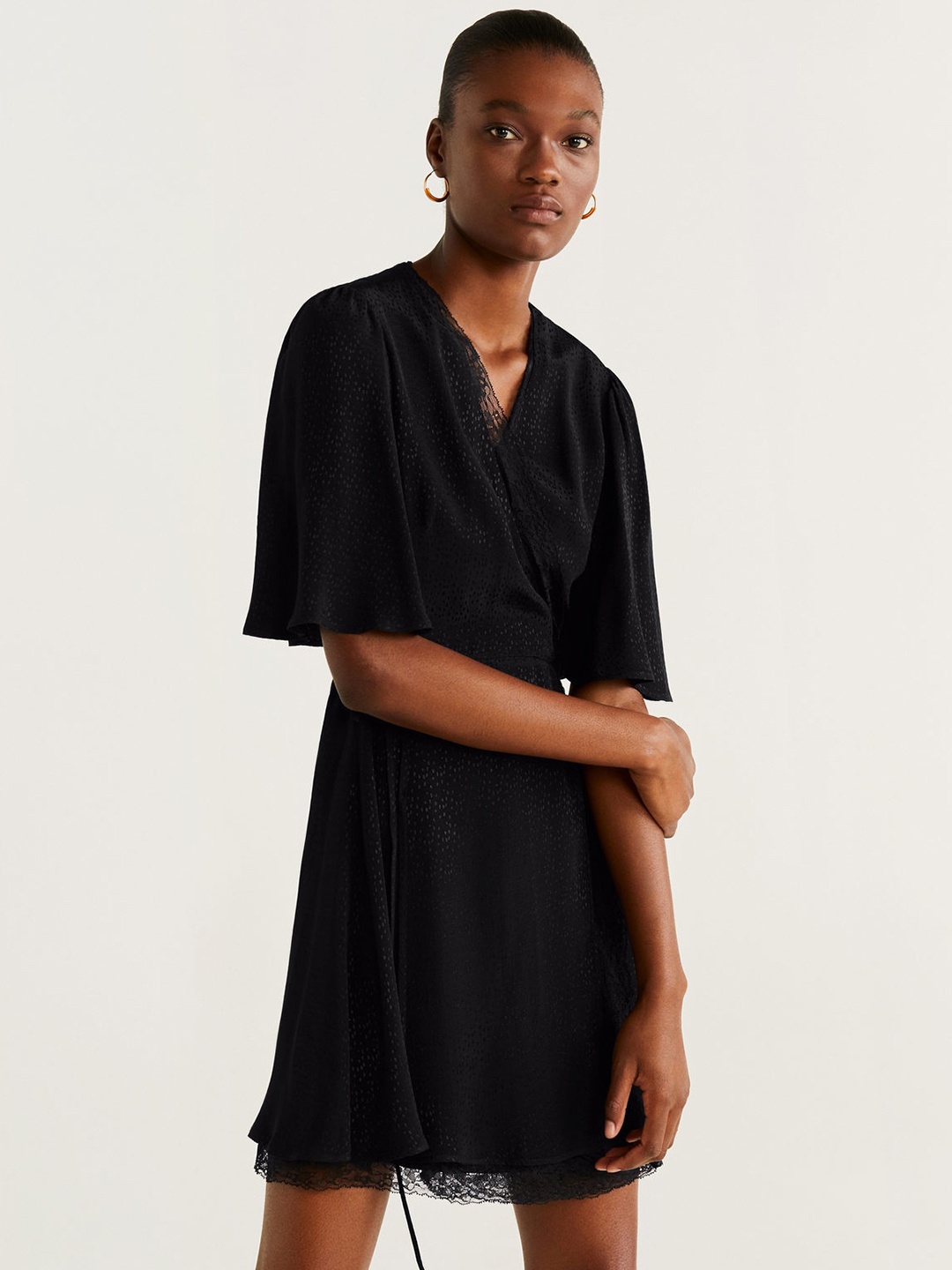 

MANGO Women Black Self Design Wrap Dress