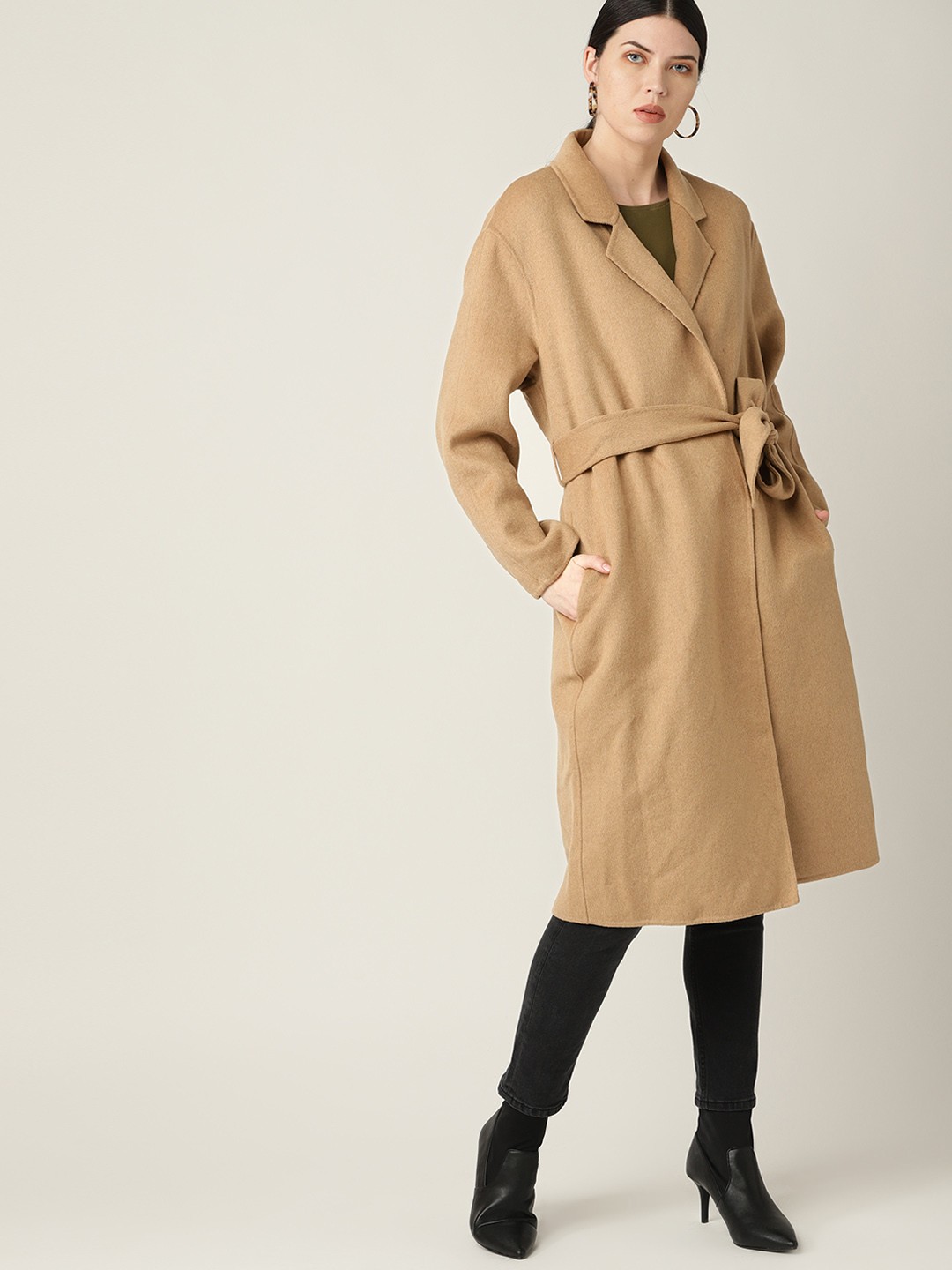 

MANGO Women Beige Solid Front Open Knee Length Overcoat