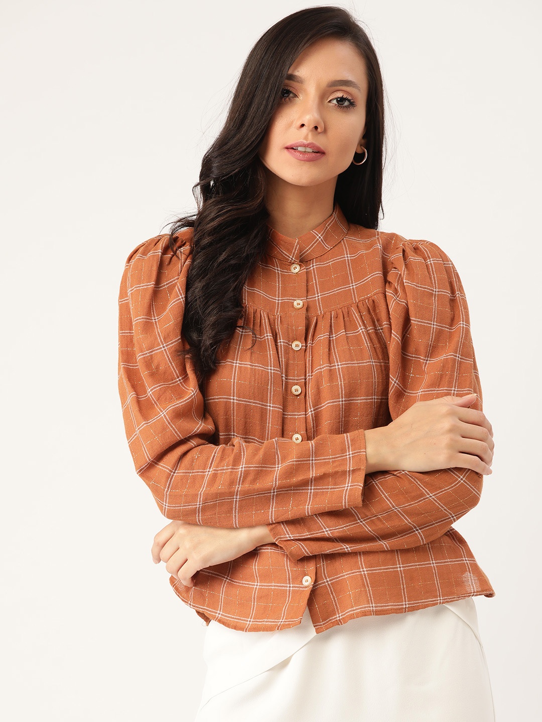 

MANGO Women Rust Brown & White Sustainable Checked Shirt Style Top