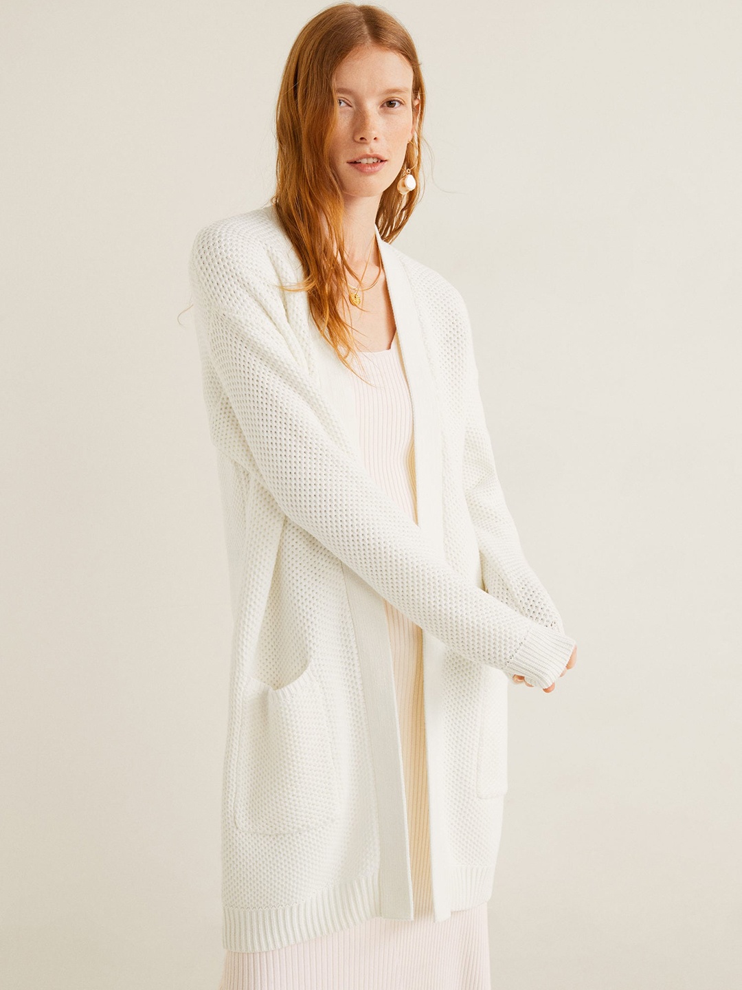 

MANGO Women Off-White Self Design Longline Front-Open Sweater