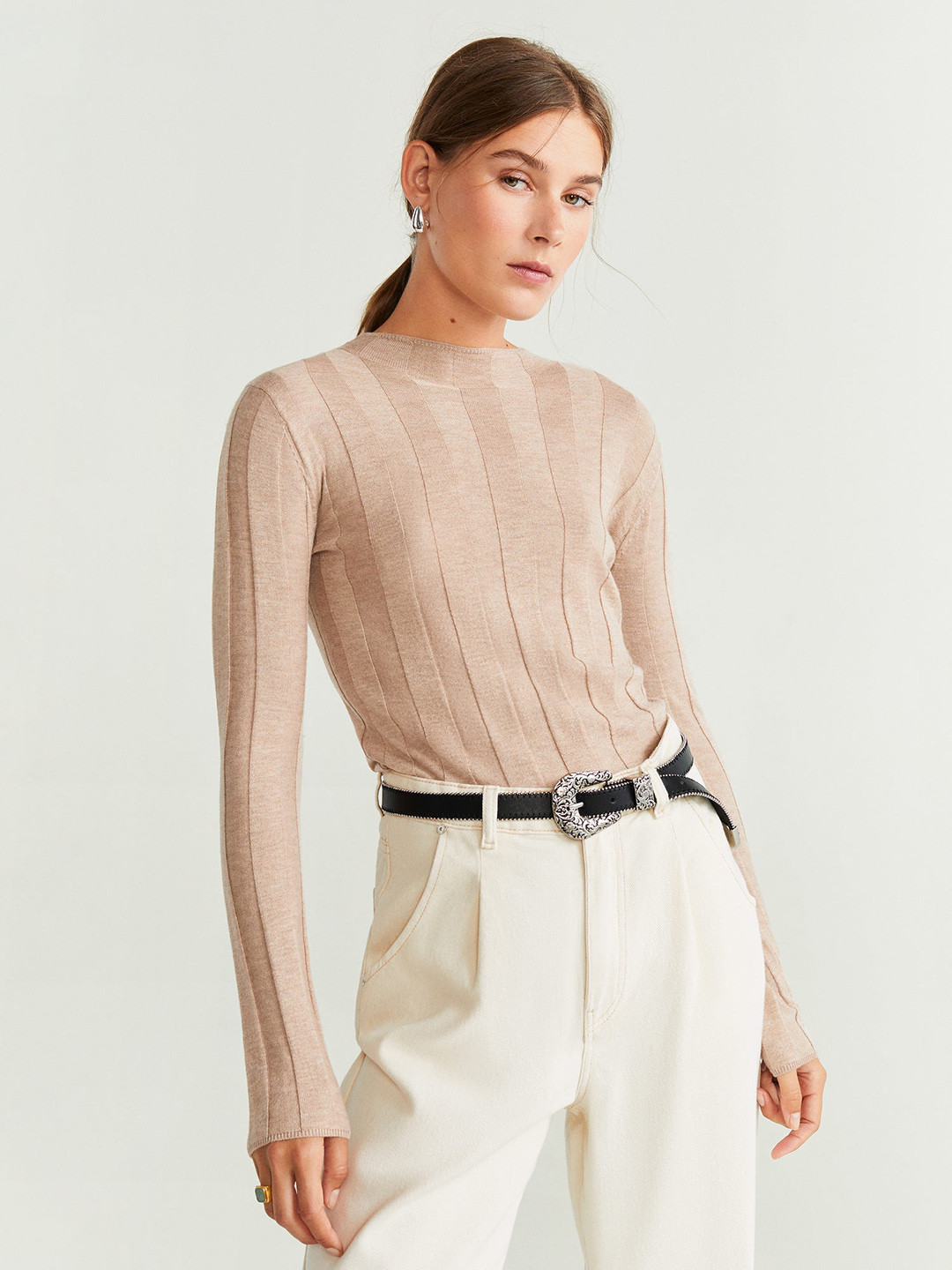 

MANGO Women Beige Striped Sweater