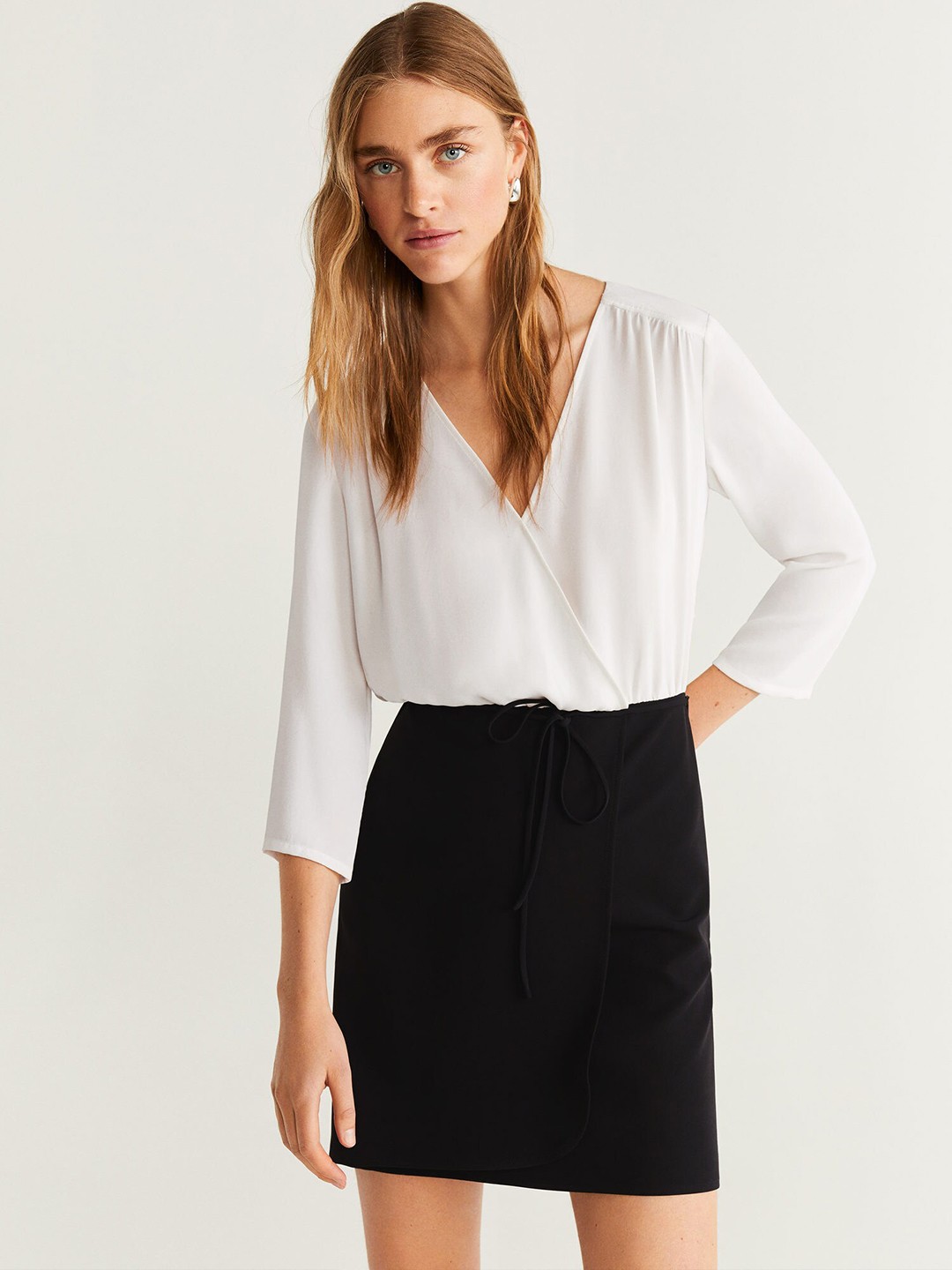 

MANGO Women White & Black Colourblocked Layered Wrap Dress