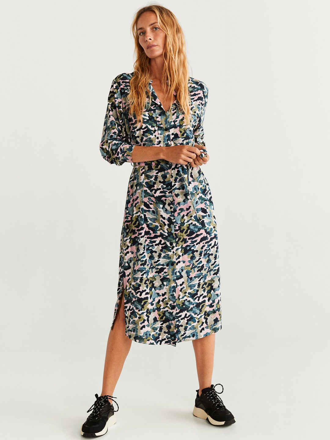 

MANGO Women Off-White & Teal Blue Camouflage Print A-Line Dress