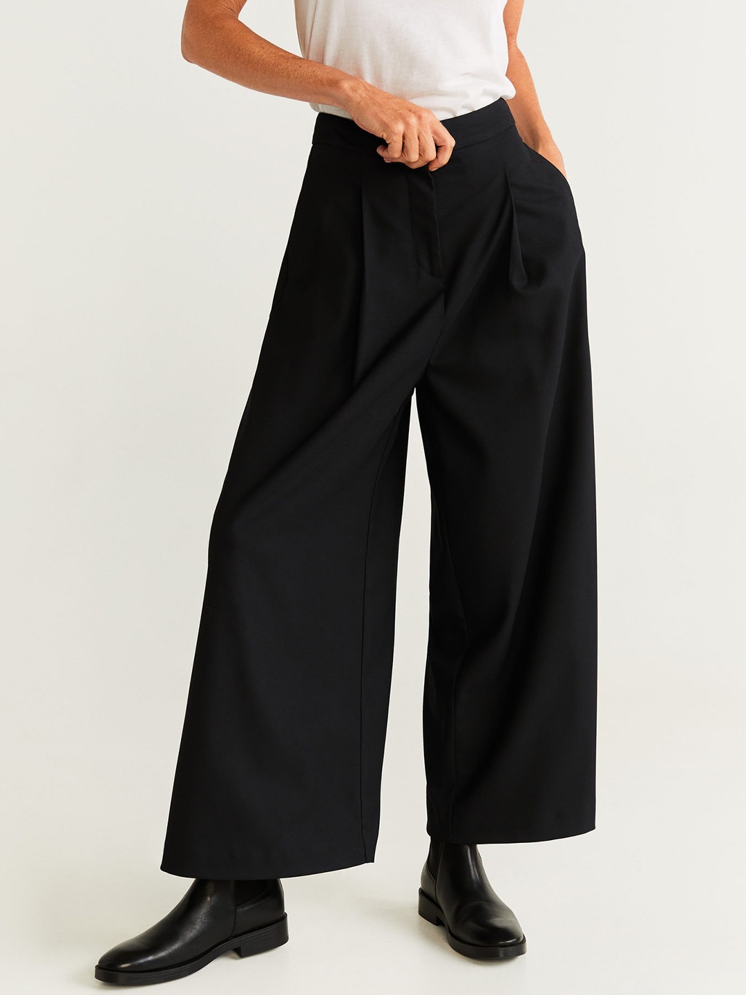 

MANGO Women Black Flared Solid Regular Trousers