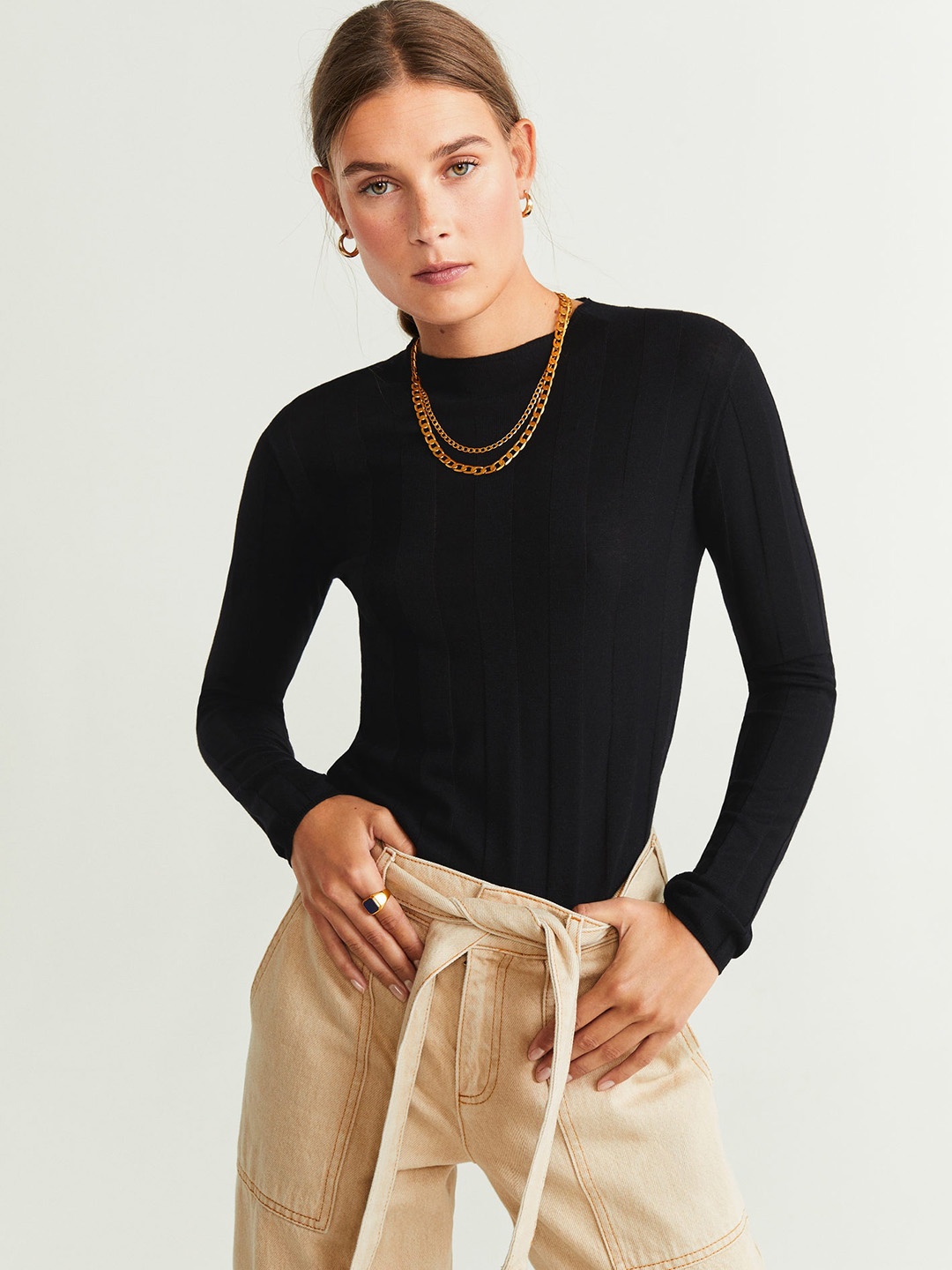 

MANGO Women Black Striped Sweater