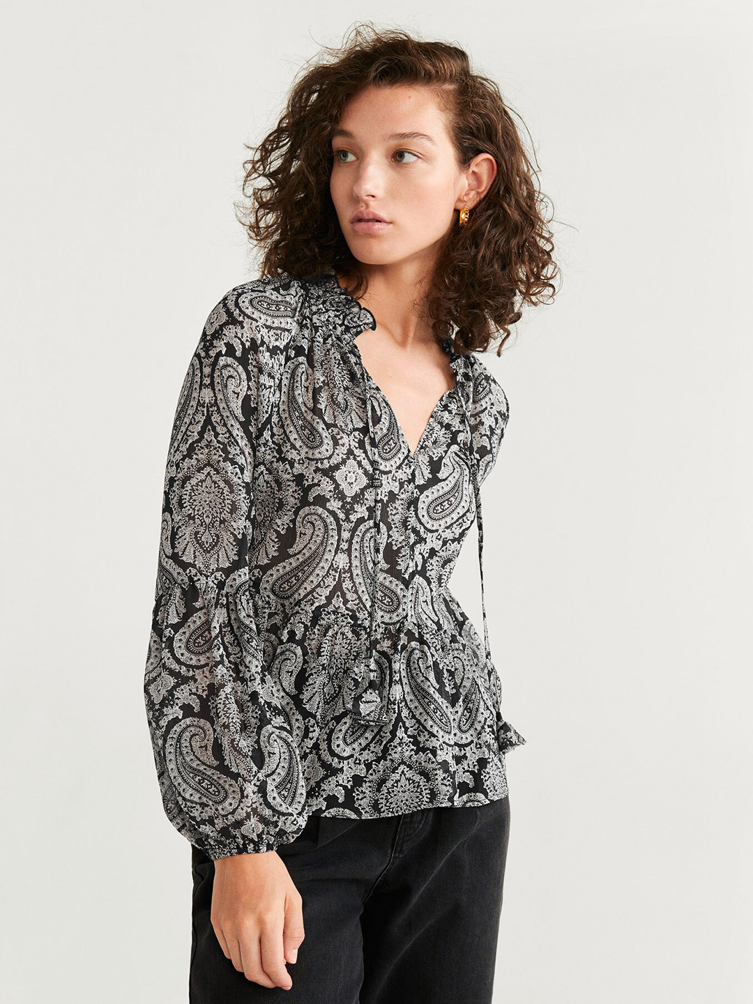 

MANGO Women Black & Grey Printed Sheer A-Line Top
