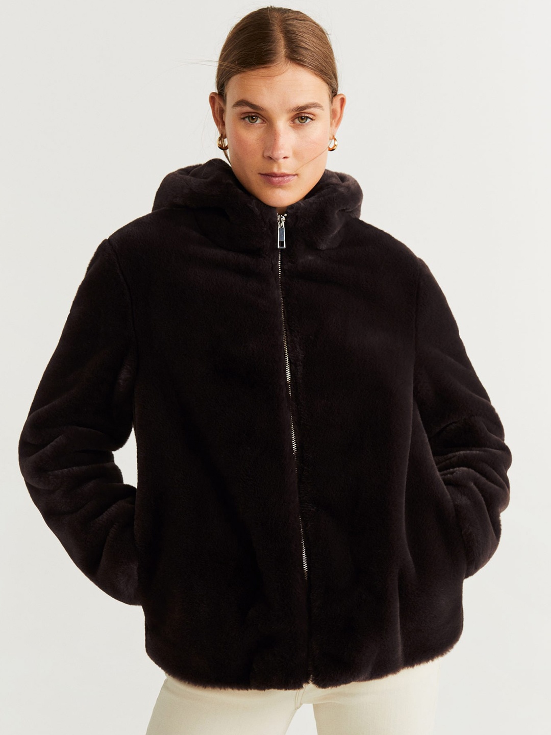 

MANGO Women Coffee Brown Faux Fur Hooded Tailored Jacket