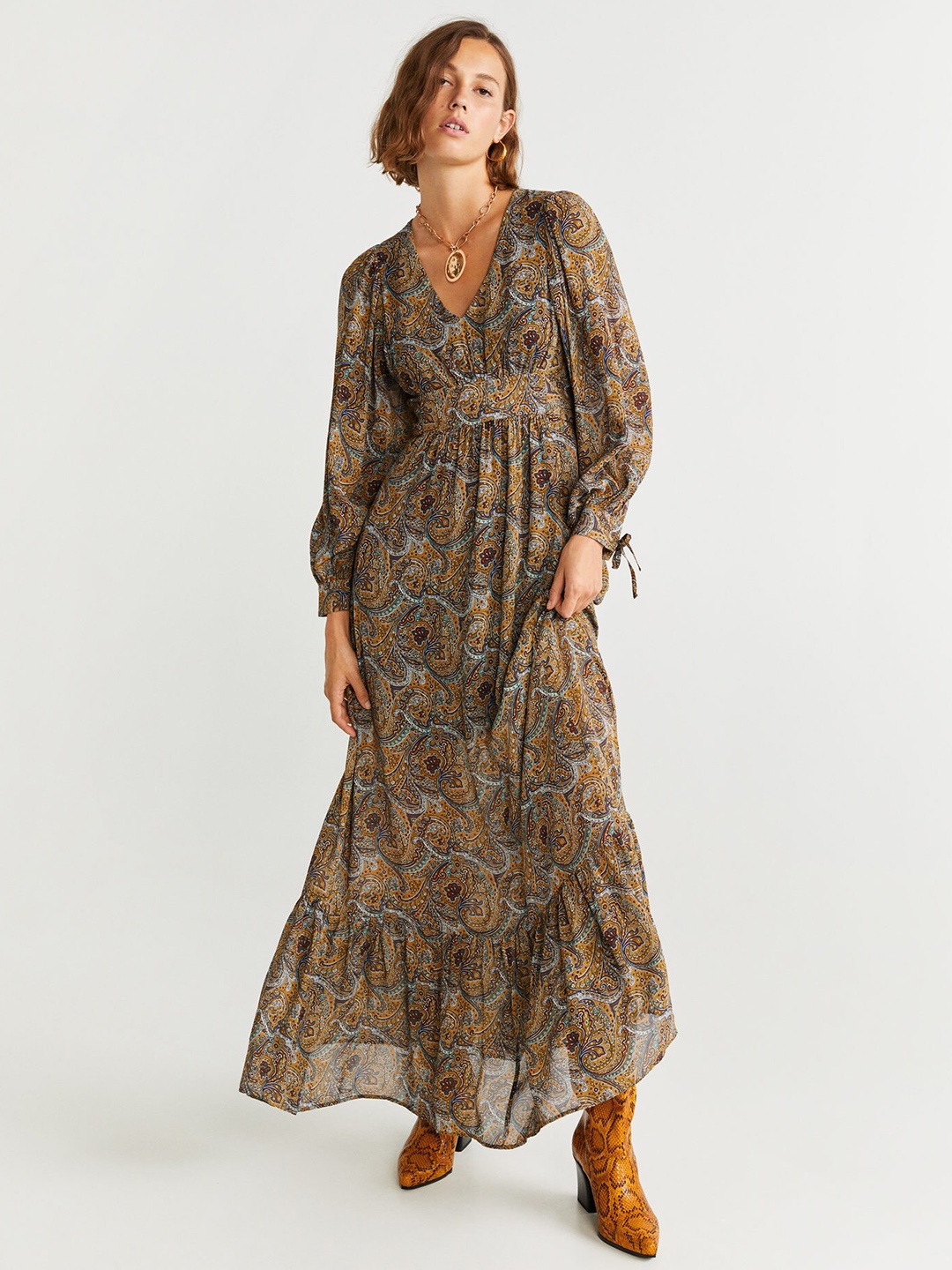 

MANGO Women Mustard Brown & Blue Printed Maxi Dress