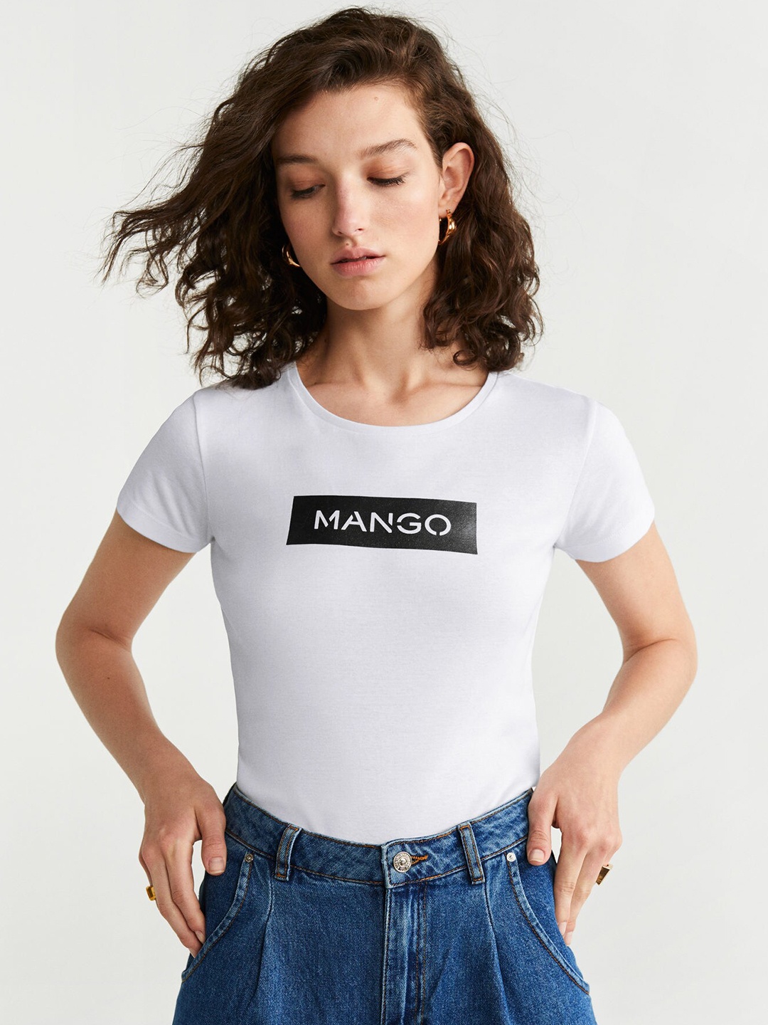 

MANGO Women White Printed Round Neck T-shirt