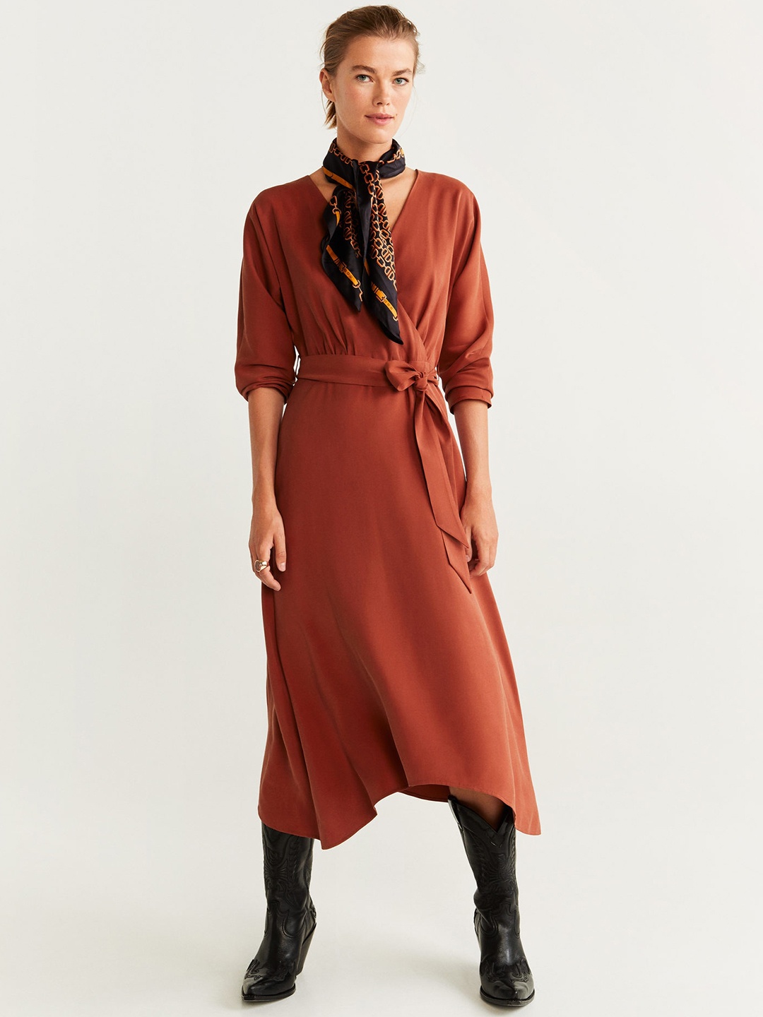 

MANGO Women Rust Orange Solid Wrap Dress