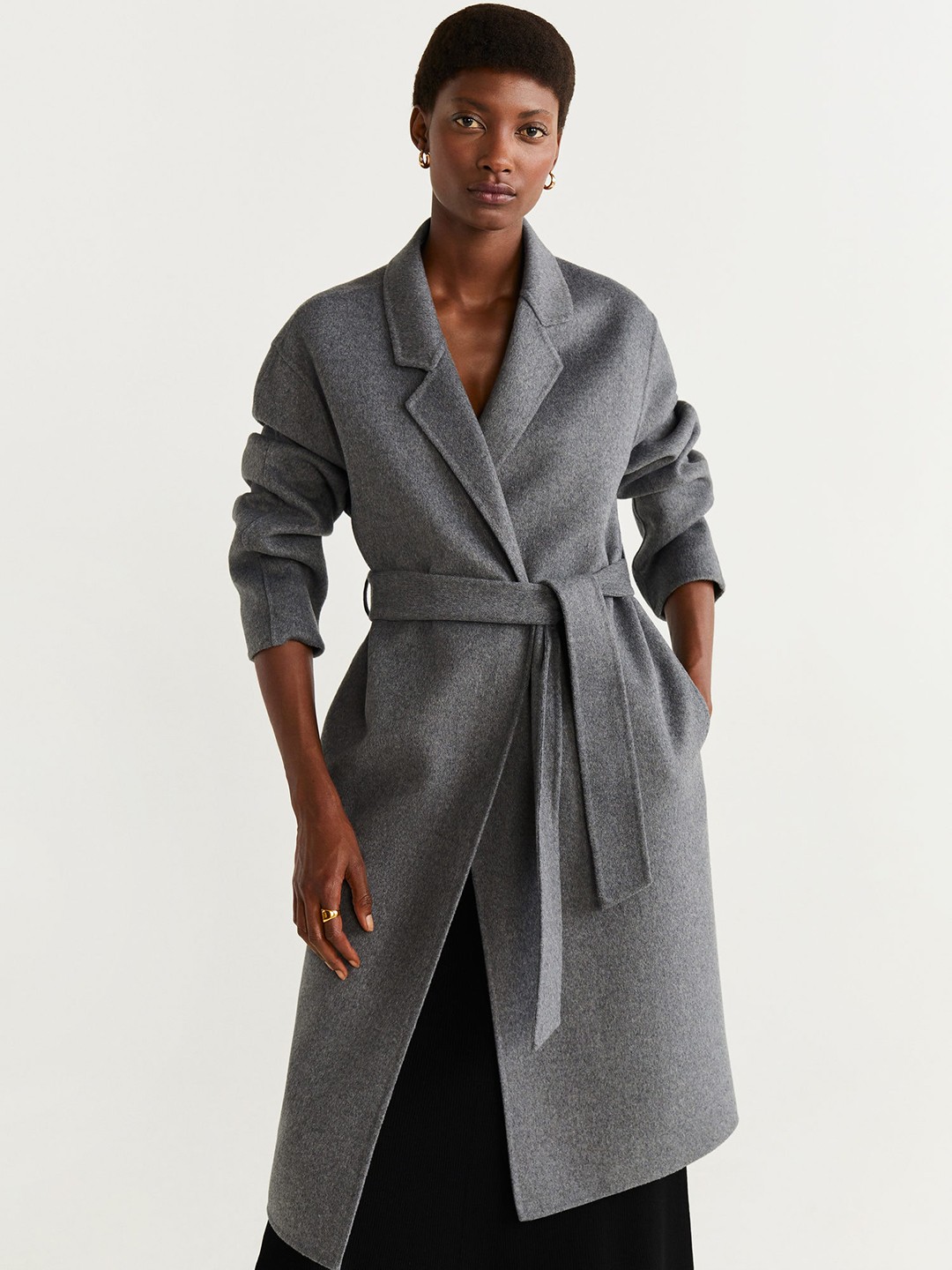 

MANGO Women Grey Handmade Solid Knee Length Overcoat