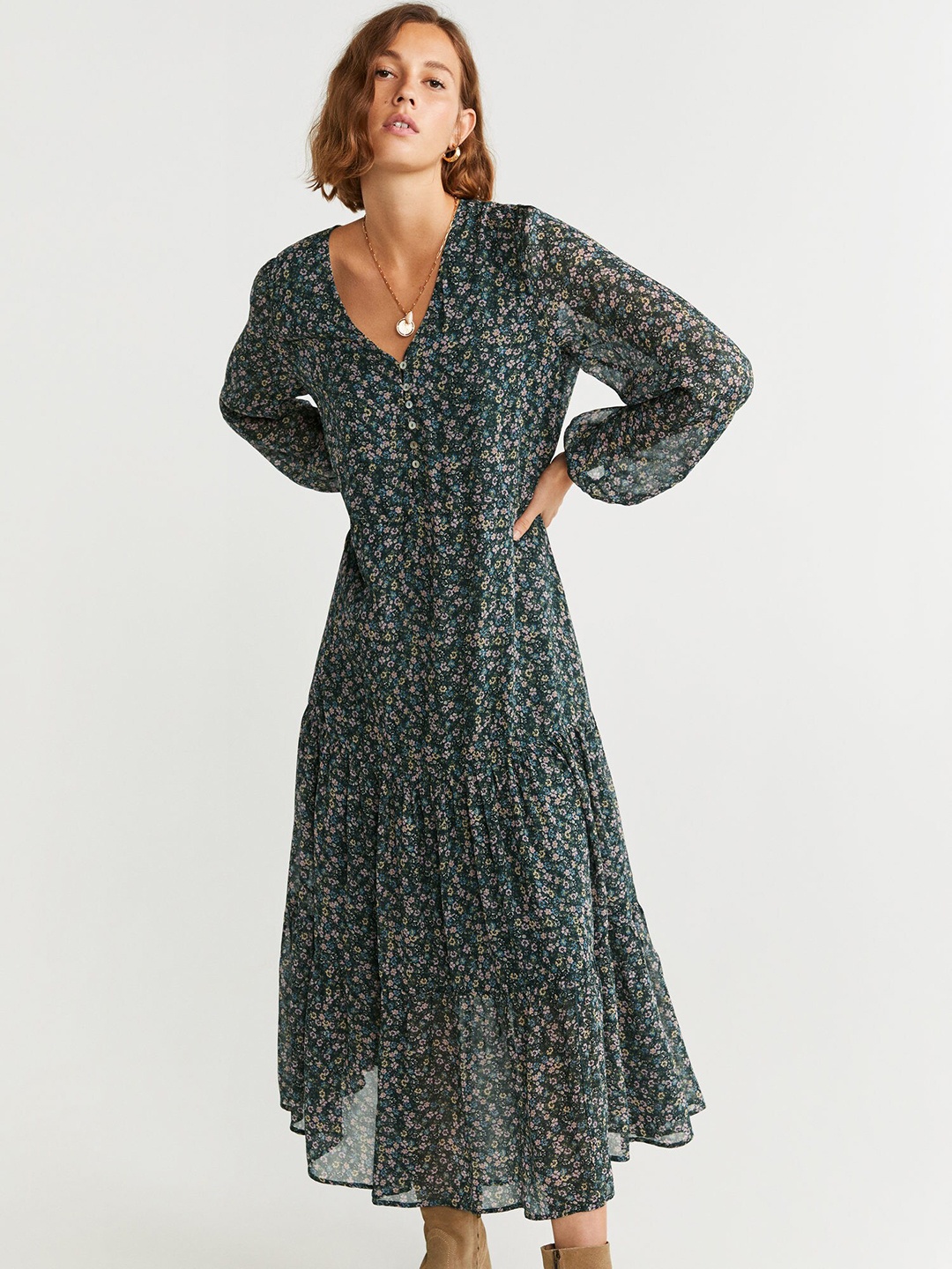 

MANGO Women Green & Pink Printed Tiered Maxi Dress