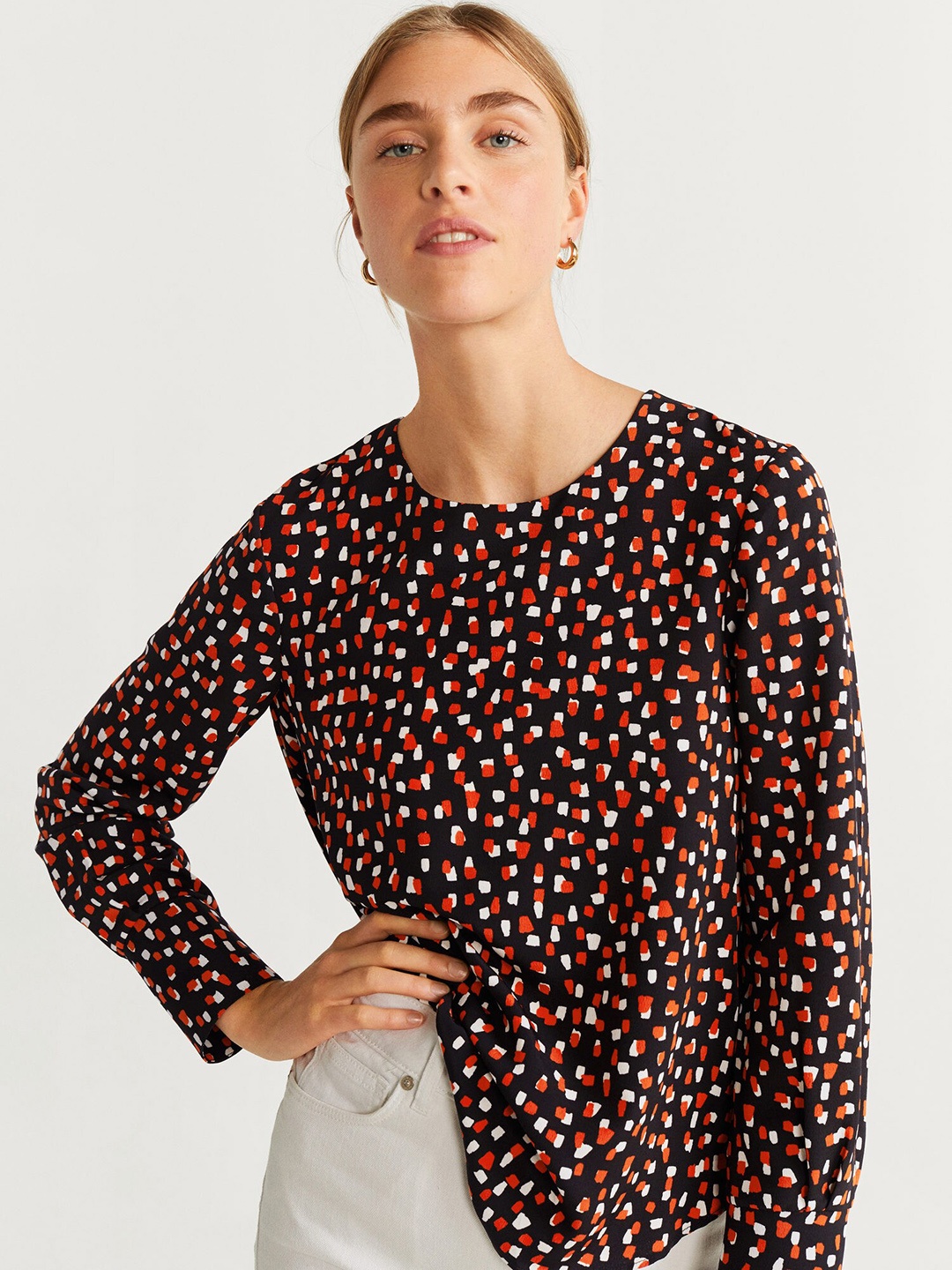 

MANGO Women Black & Orange Printed Top