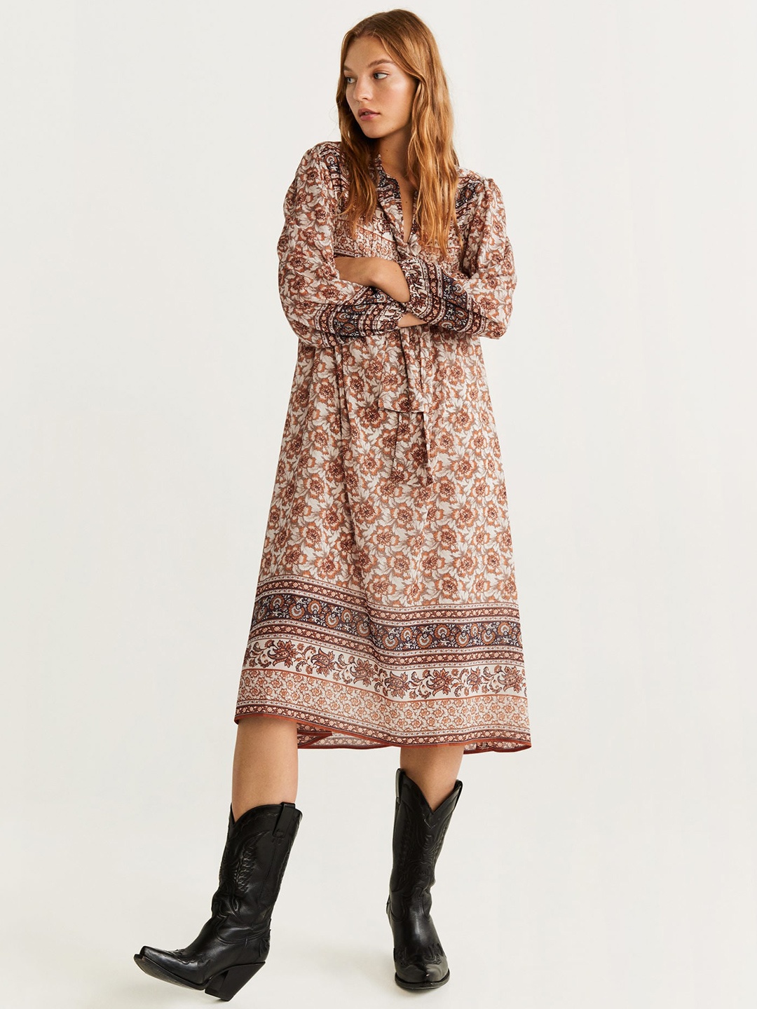 

MANGO Women Off-White & Mustard Brown Printed A-Line Dress