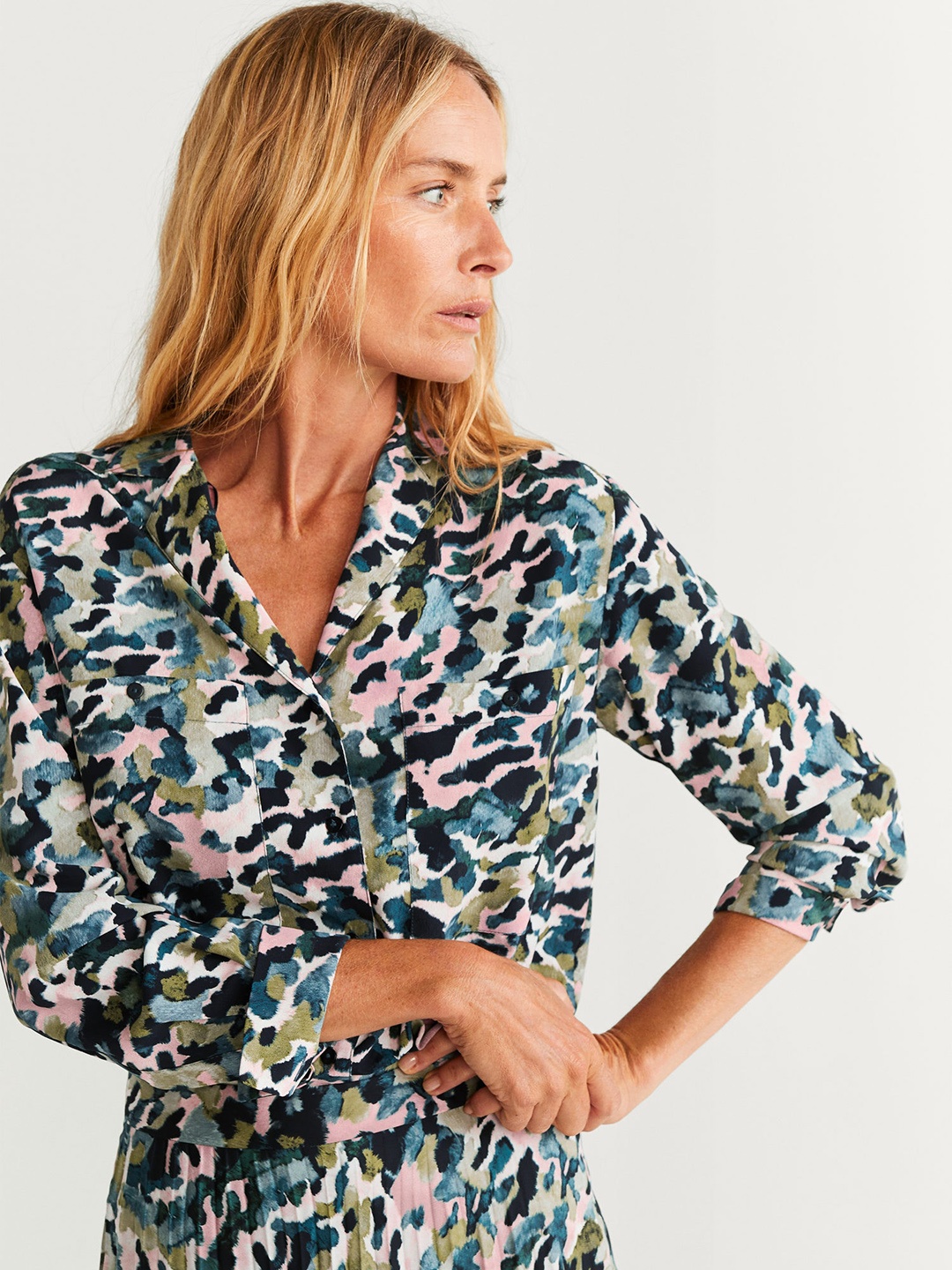

MANGO Women Off-White & Blue Camouflage Print Casual Shirt