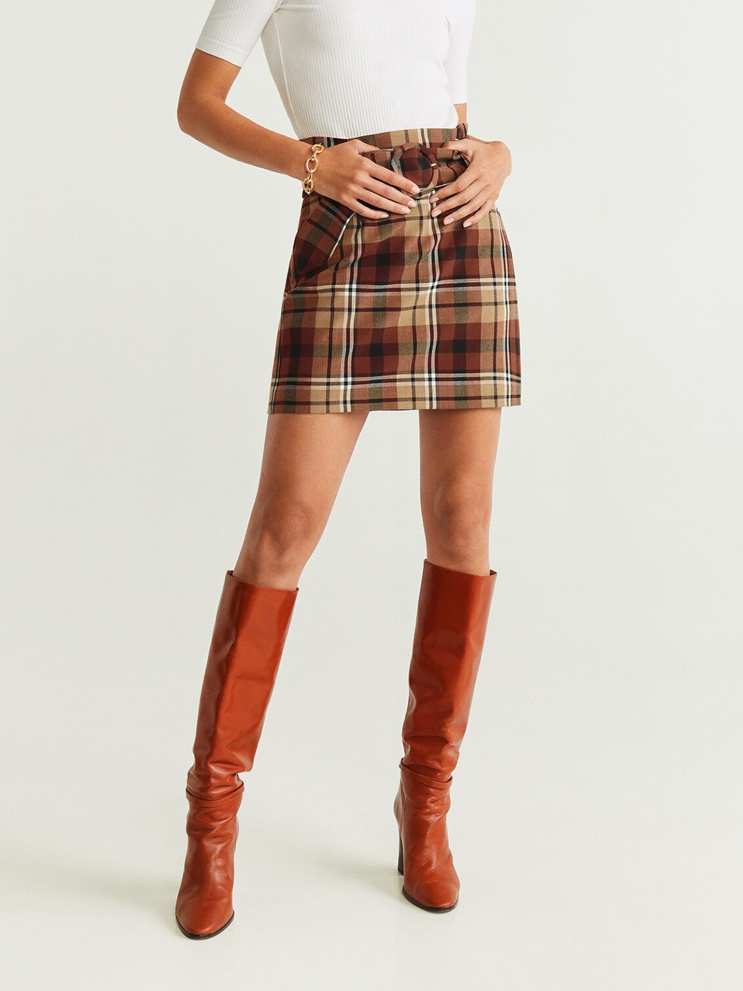 

MANGO Women Brown & Beige Checked A-line Skirt