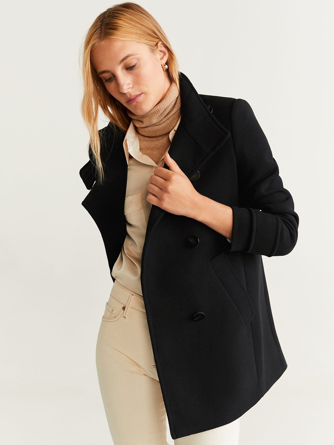 

MANGO Women Black Solid Overcoat
