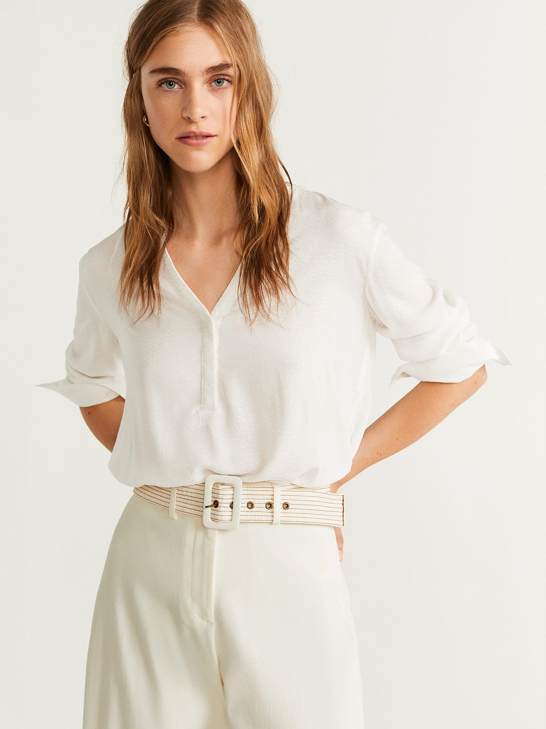 

MANGO Women Off-White Self Design Shirt Style Top
