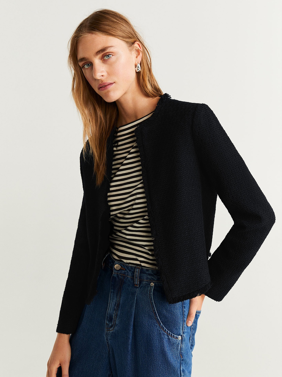 

MANGO Women Black Self-Design Open Front Jacket