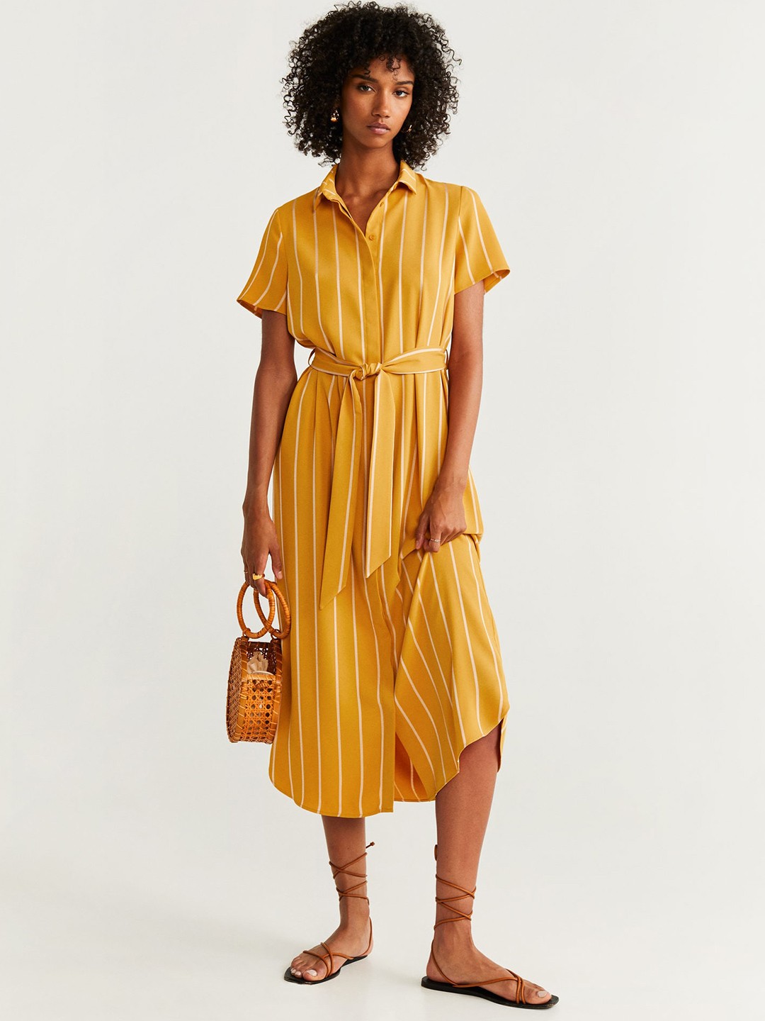 

MANGO Women Mustard Yellow & Off-White Striped Shirt Dress With Belt