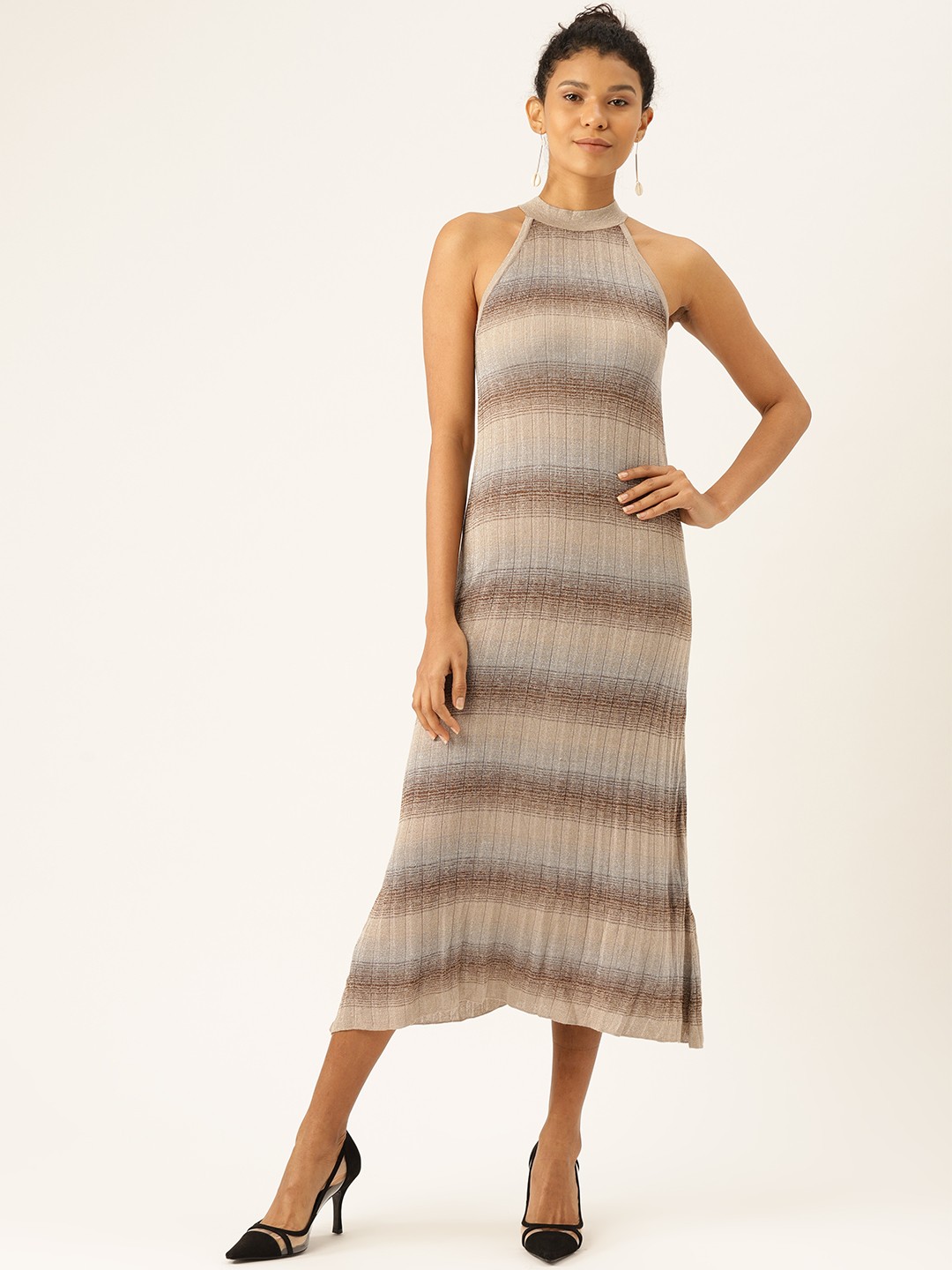 

MANGO Women Beige & Brown Striped Halter Neck A-Line Midi Dress