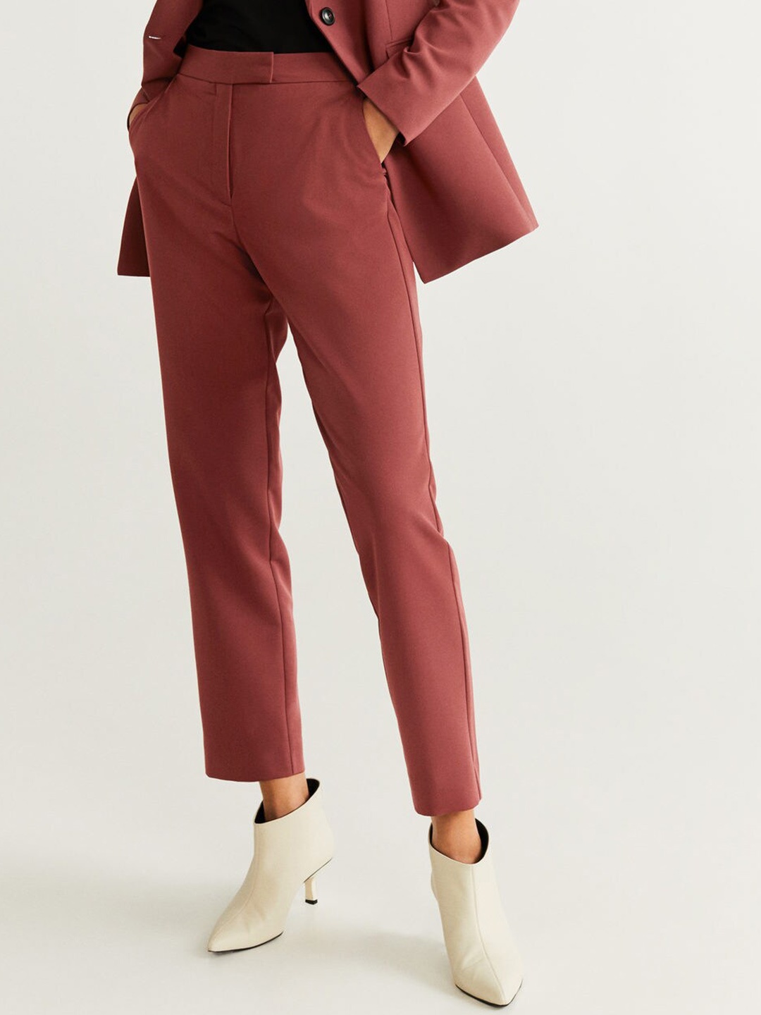 

MANGO Women Rust Red Solid Cropped Regular Trousers