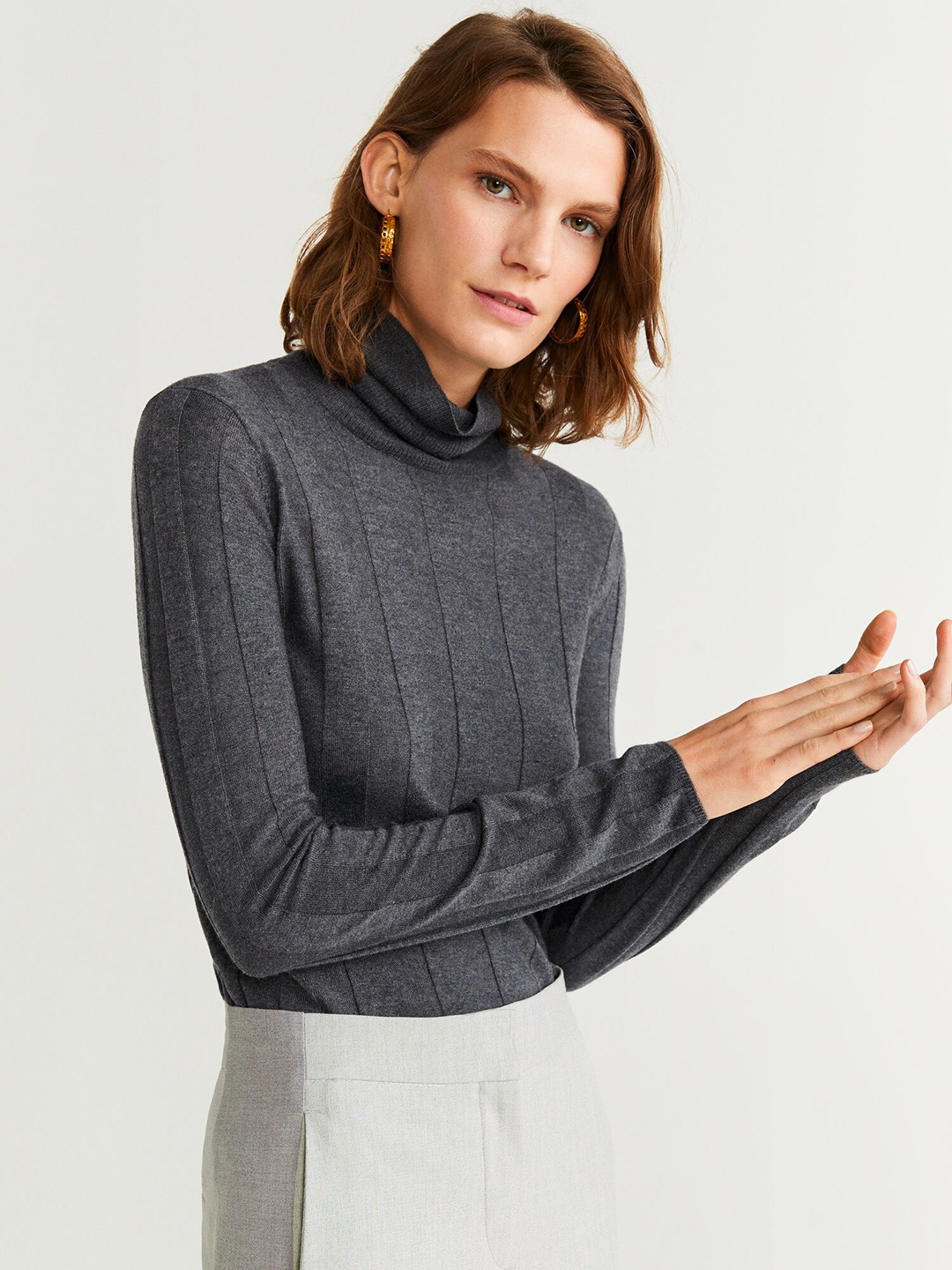 

MANGO Women Charcoal Grey Self-Striped Sweater