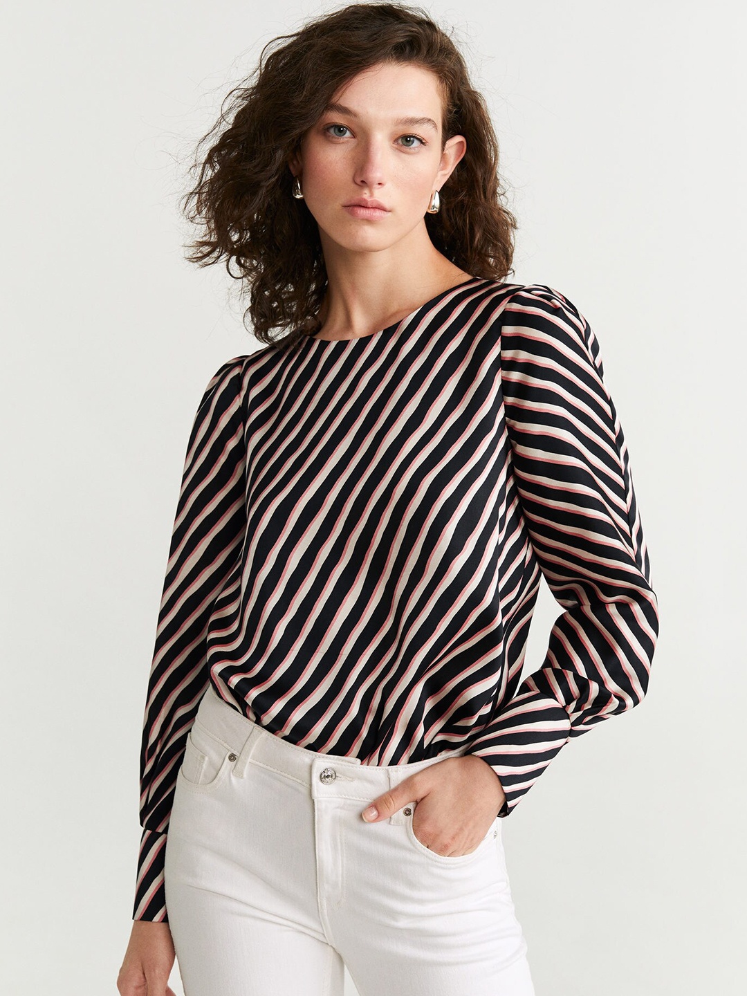 

MANGO Women Black & Beige Printed Satin Finish Top