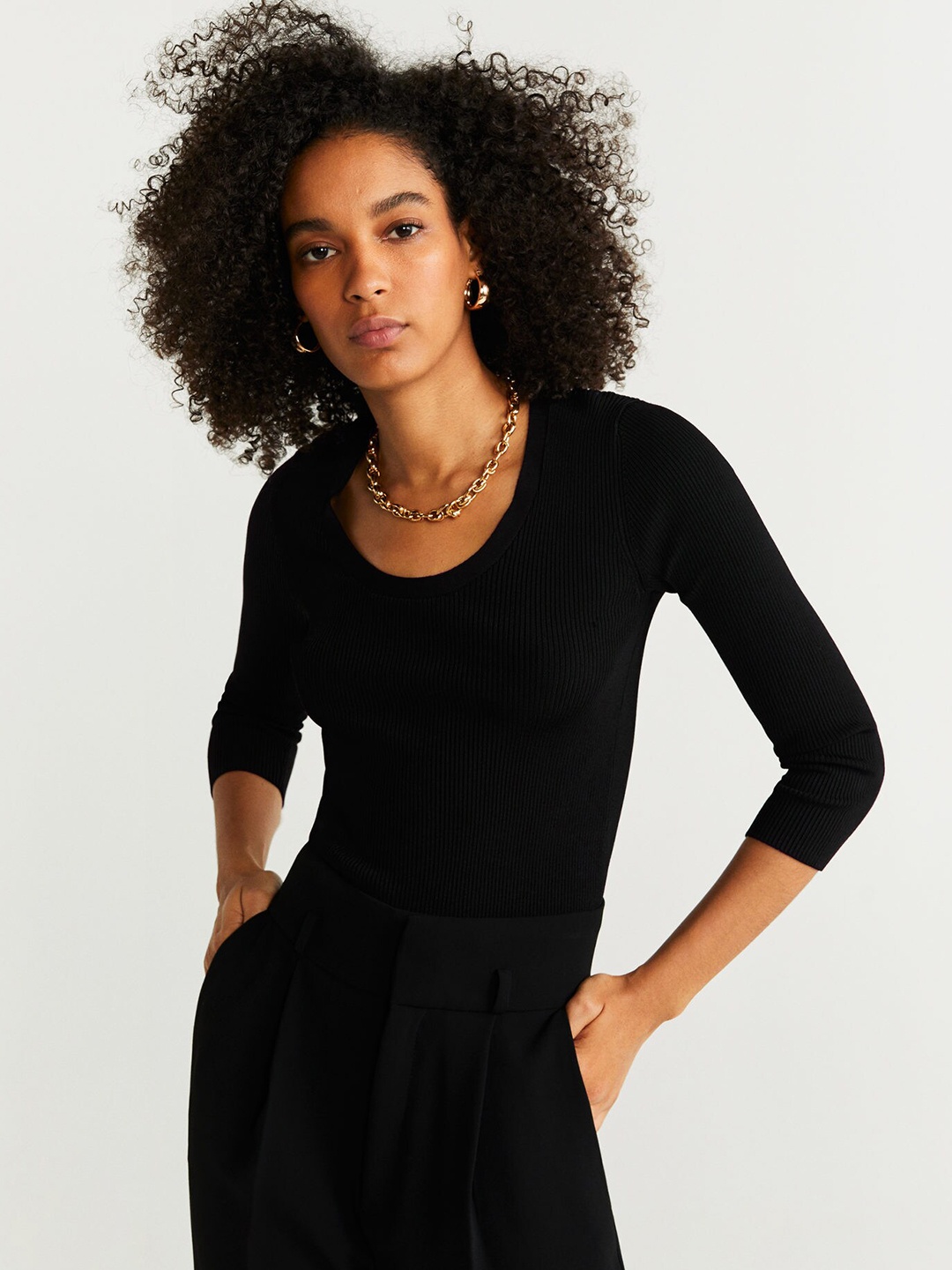 

MANGO Women Black Solid Fitted Top