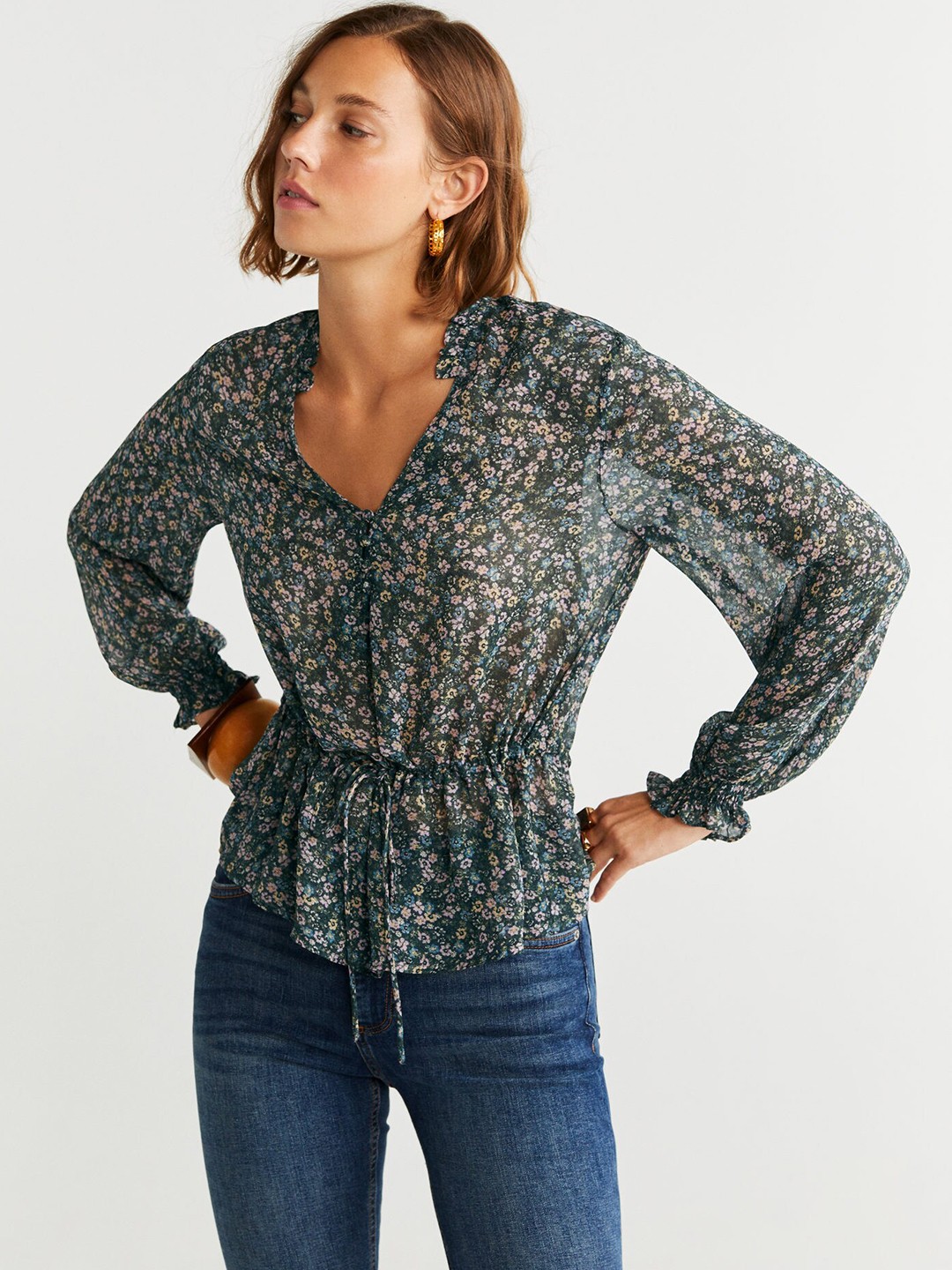 

MANGO Women Green & Pink Floral Print Cinched Waist Top