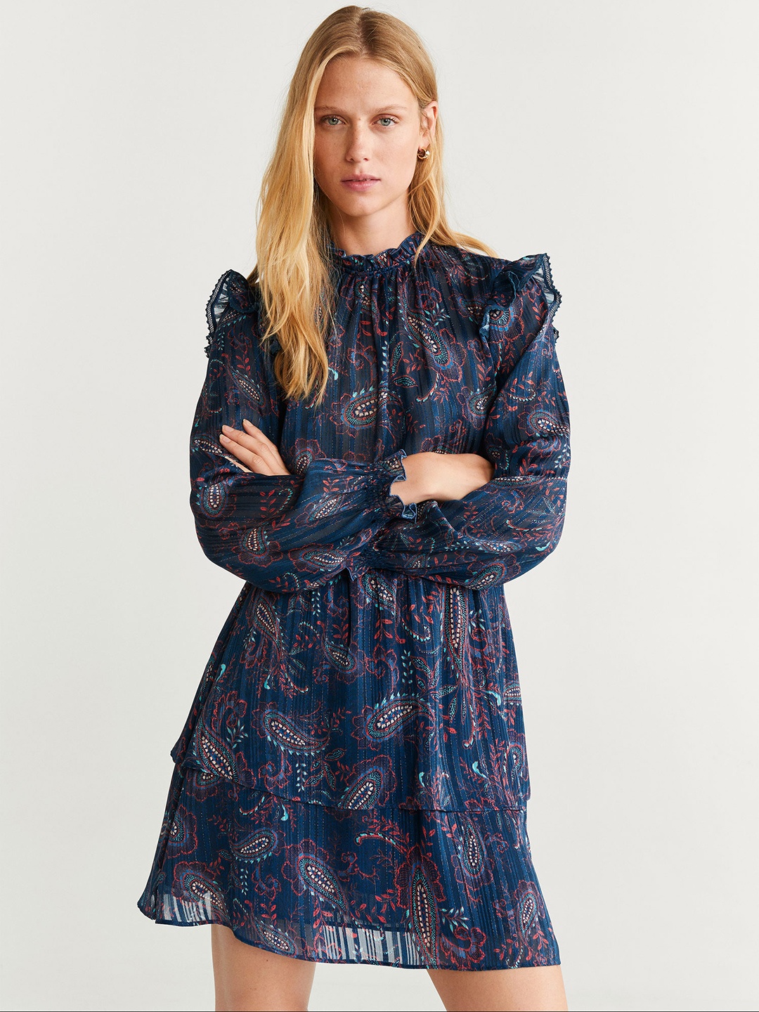 

MANGO Women Navy Blue & Orange Printed Layered A-Line Dress