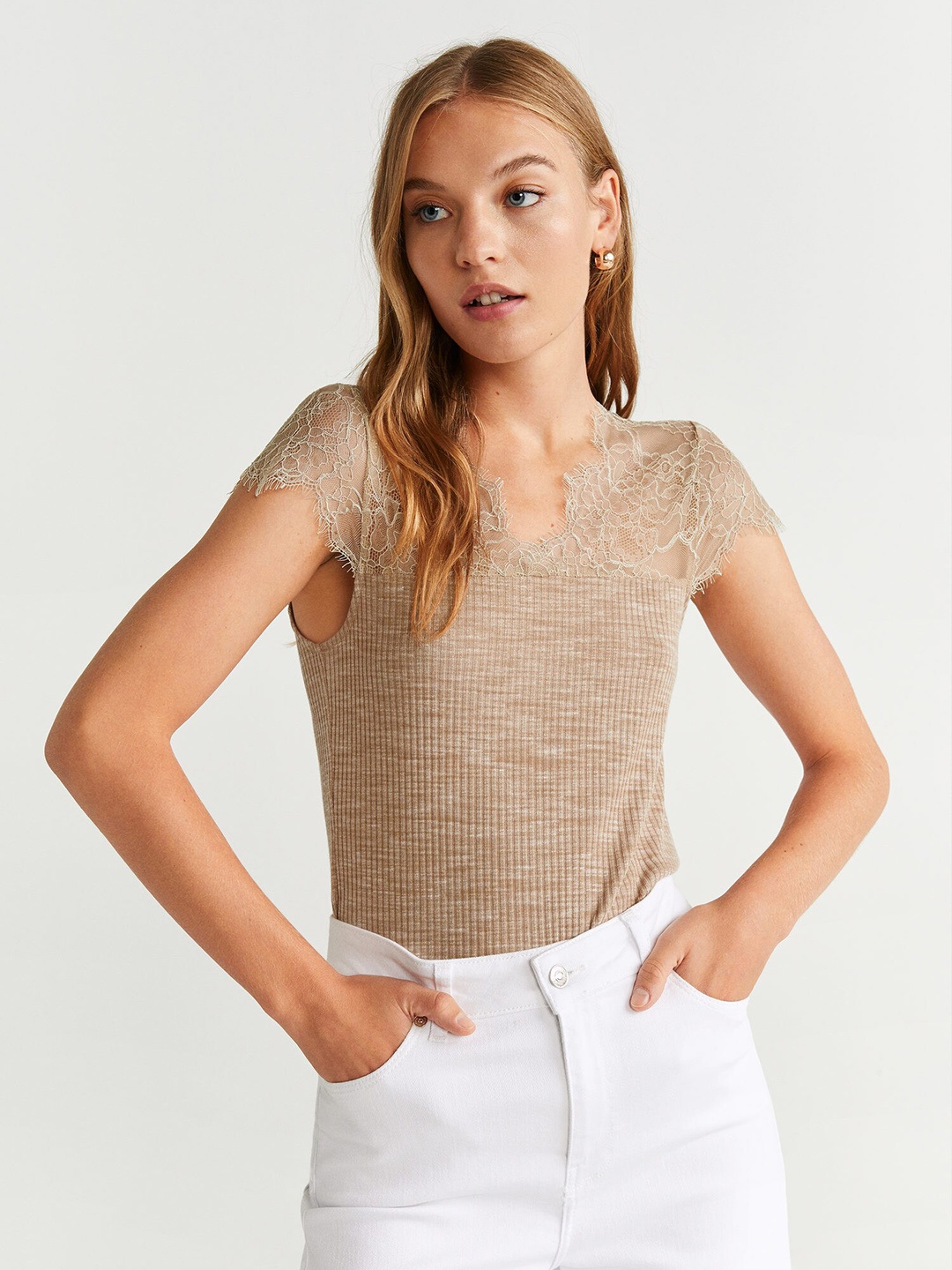 

MANGO Women Beige Ribbed Lace Detail Top