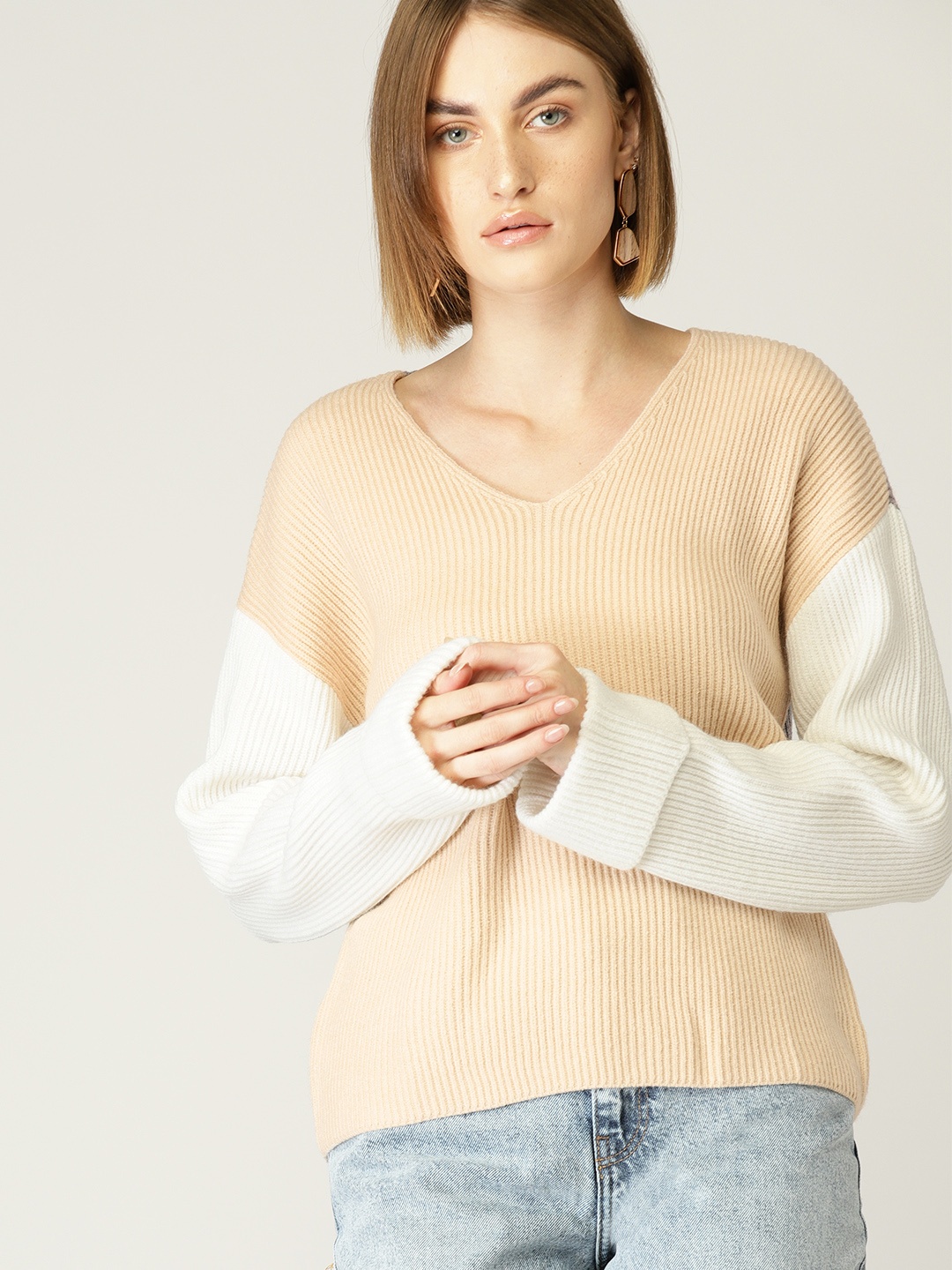 

MANGO Women Beige & Grey Colourblocked Pullover