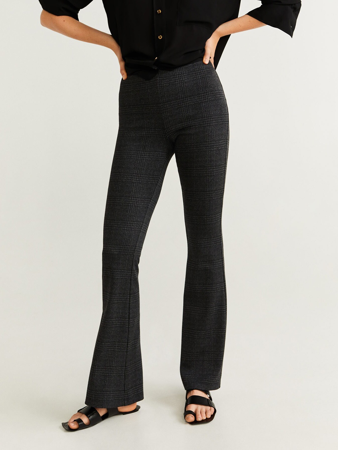 

MANGO Women Charcoal Grey Regular Fit Checked Bootcut Trousers