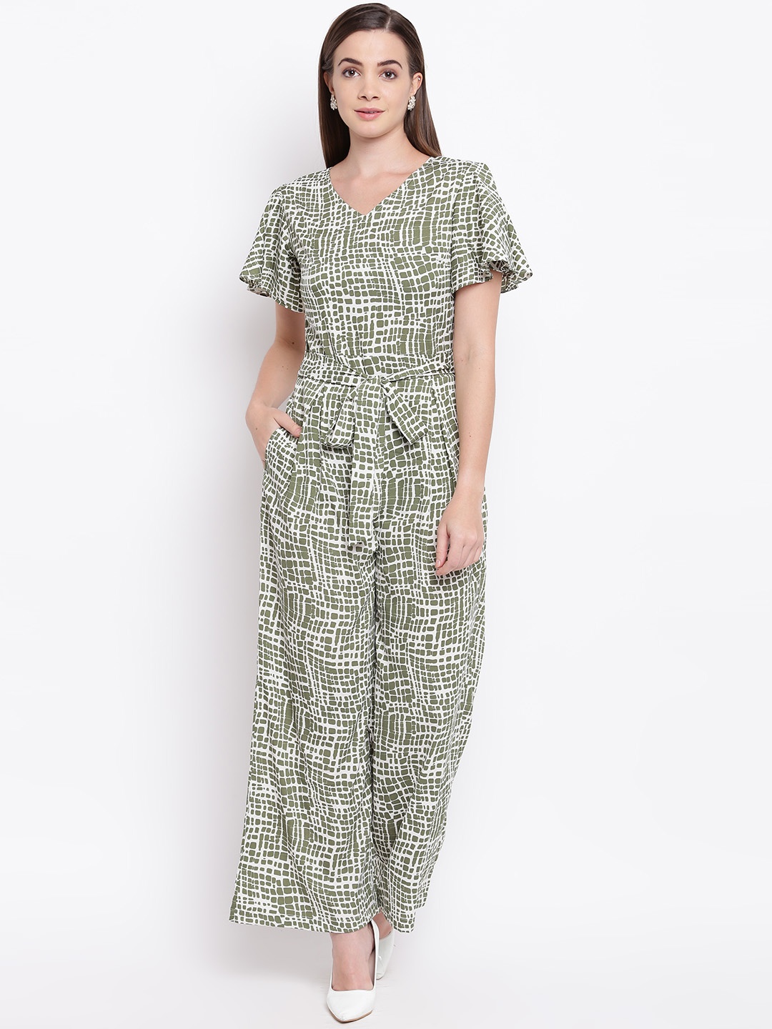 

Cottinfab Women Off-White & Olive Green Printed Basic Jumpsuit