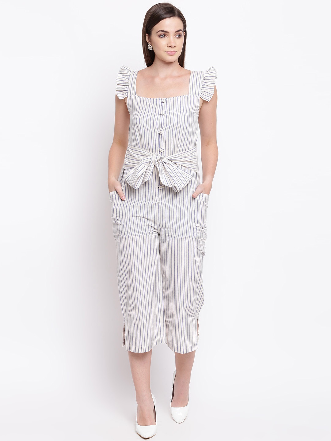 

Cottinfab Women Off-White & Blue Striped Culotte Jumpsuit