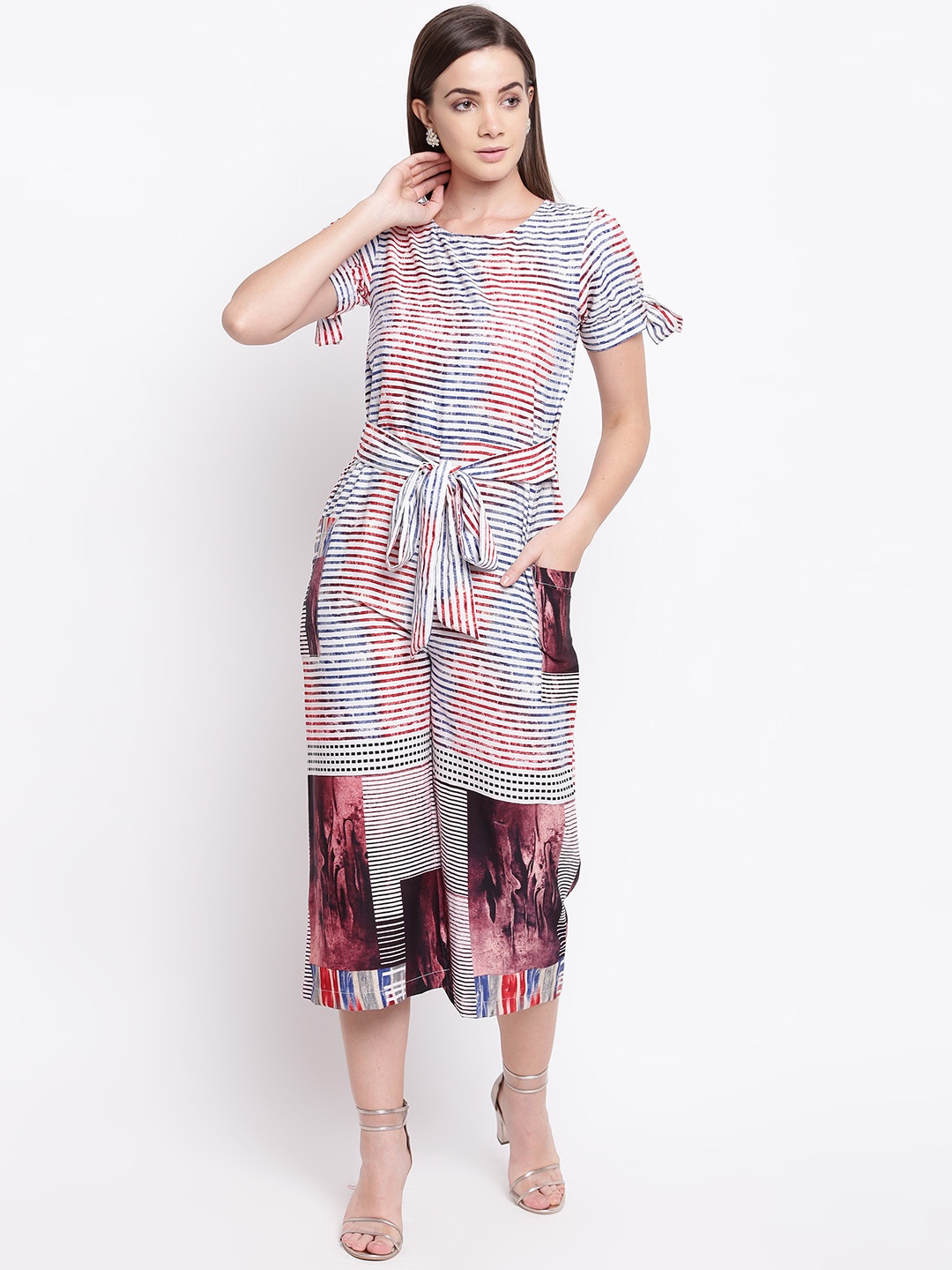 

Cottinfab Women White & Blue Striped Culotte Jumpsuit