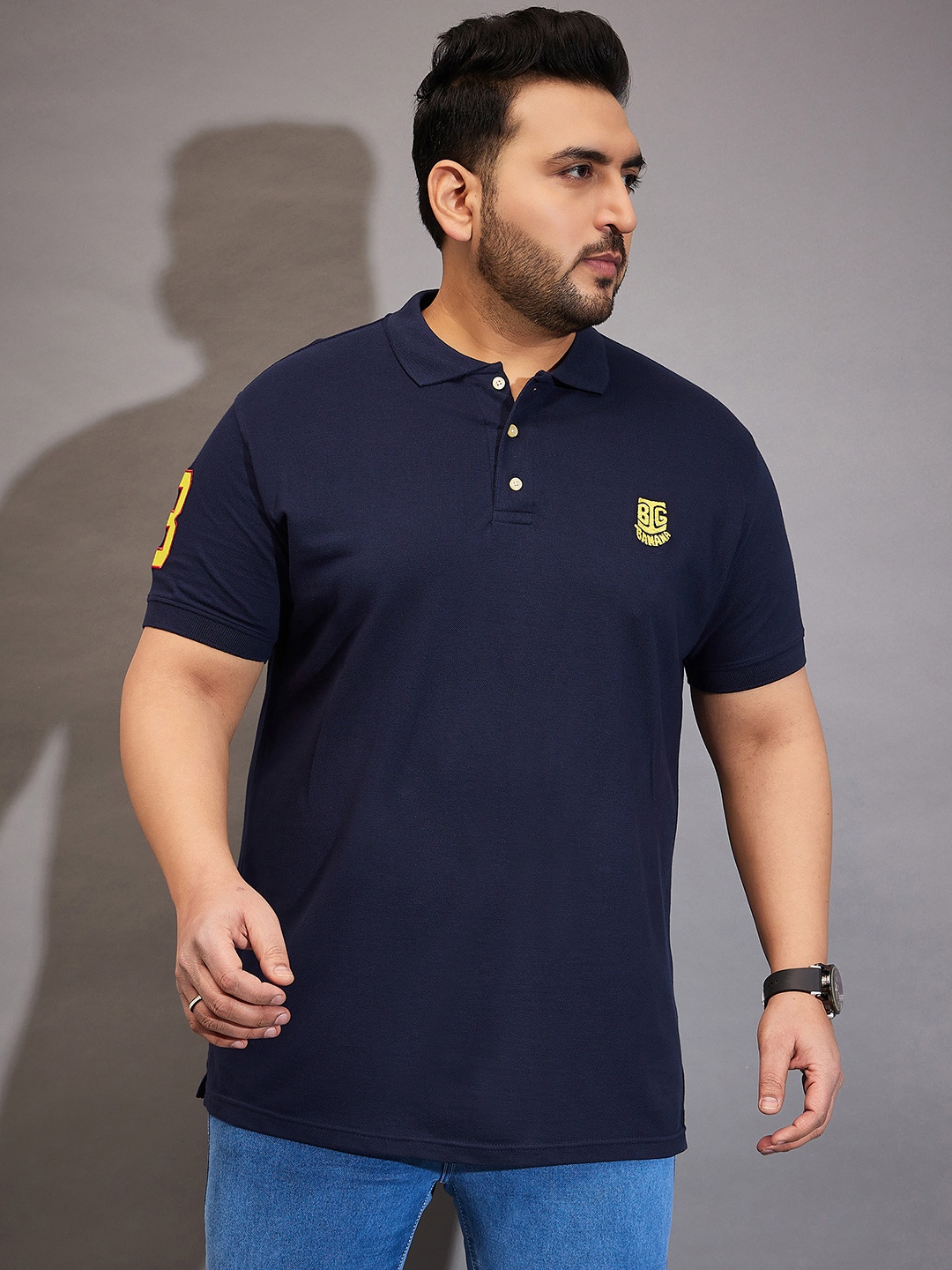

bigbanana Plus Size Men Navy Blue Solid Polo Collar Bio Finish Pure Cotton T-shirt