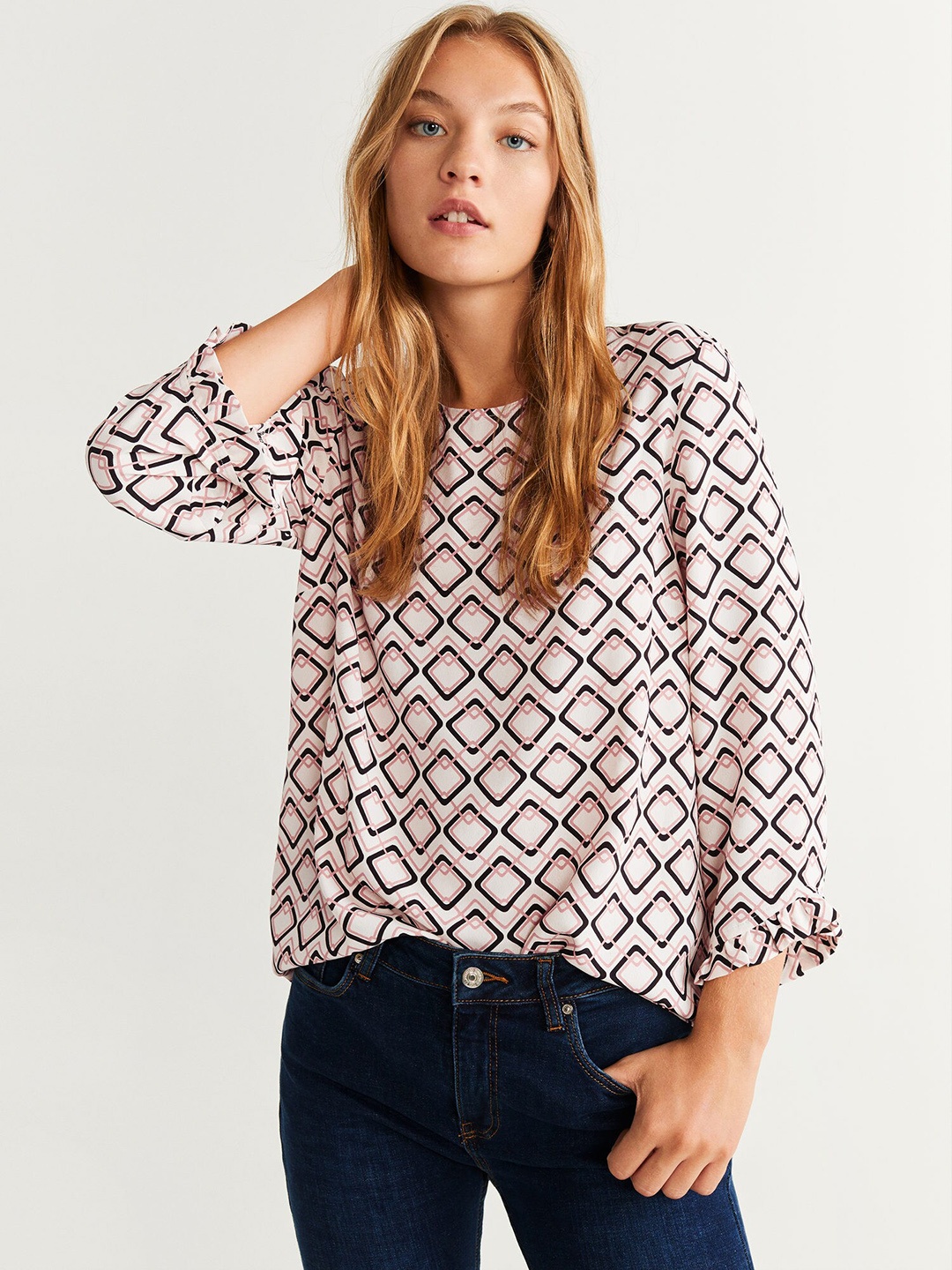 

MANGO Women White & Black Printed Top