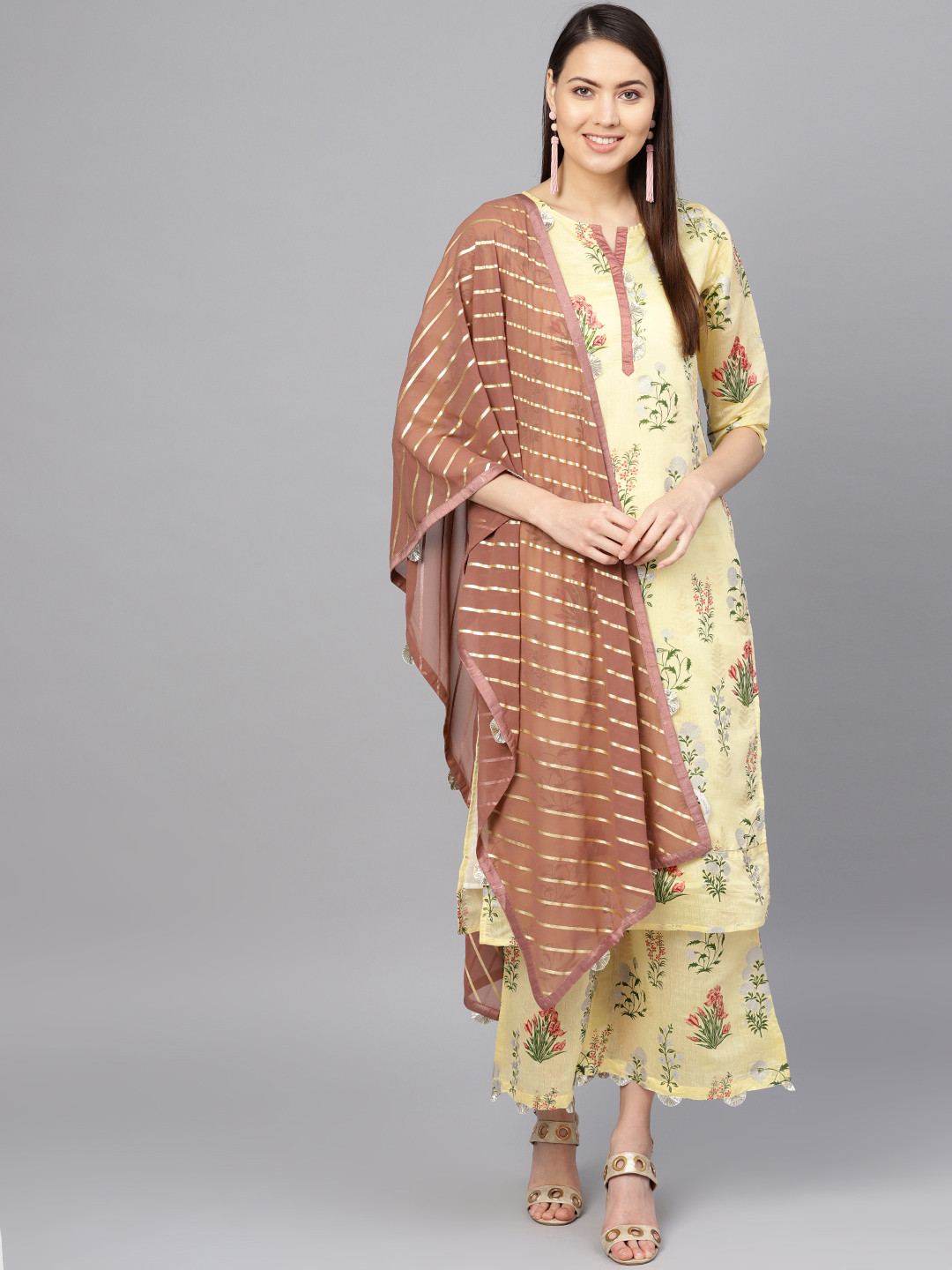 

Ahalyaa Women Yellow & Brown Printed Kurta with Palazzos & Dupatta