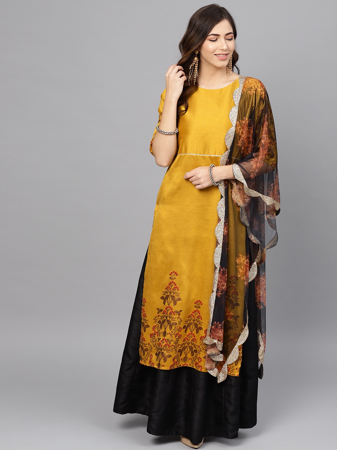 

Ahalyaa Women Mustard Yellow & Black Printed Kurta with Skirt & Dupatta