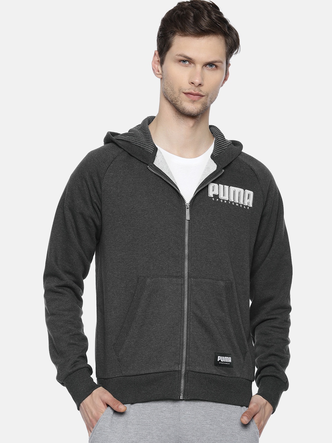 

Puma Men Charcoal Grey Solid Hooded Athletics FZ Track Sweatshirt