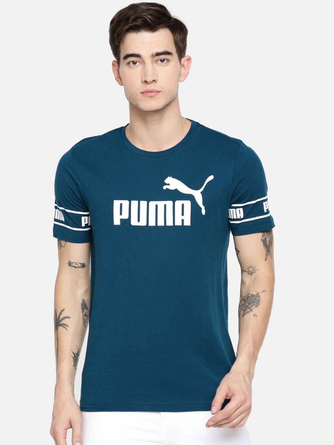 

Puma Men Teal Blue Printed Amplified Big Logo Round Neck T-shirt